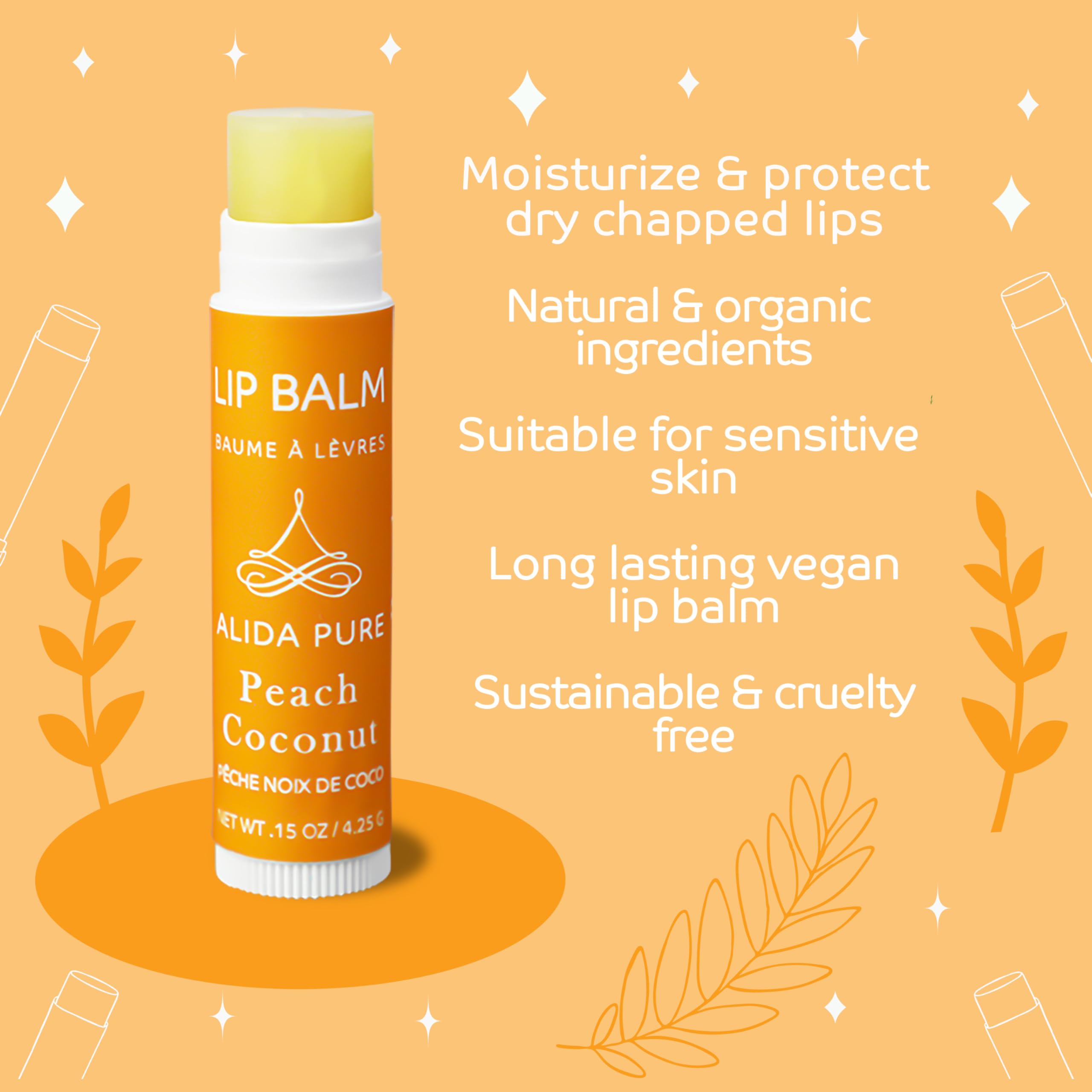 ALIDA PURE Peach Coconut Lip Balm Collection – Vegan, Beeswax Free, 3 Tubes