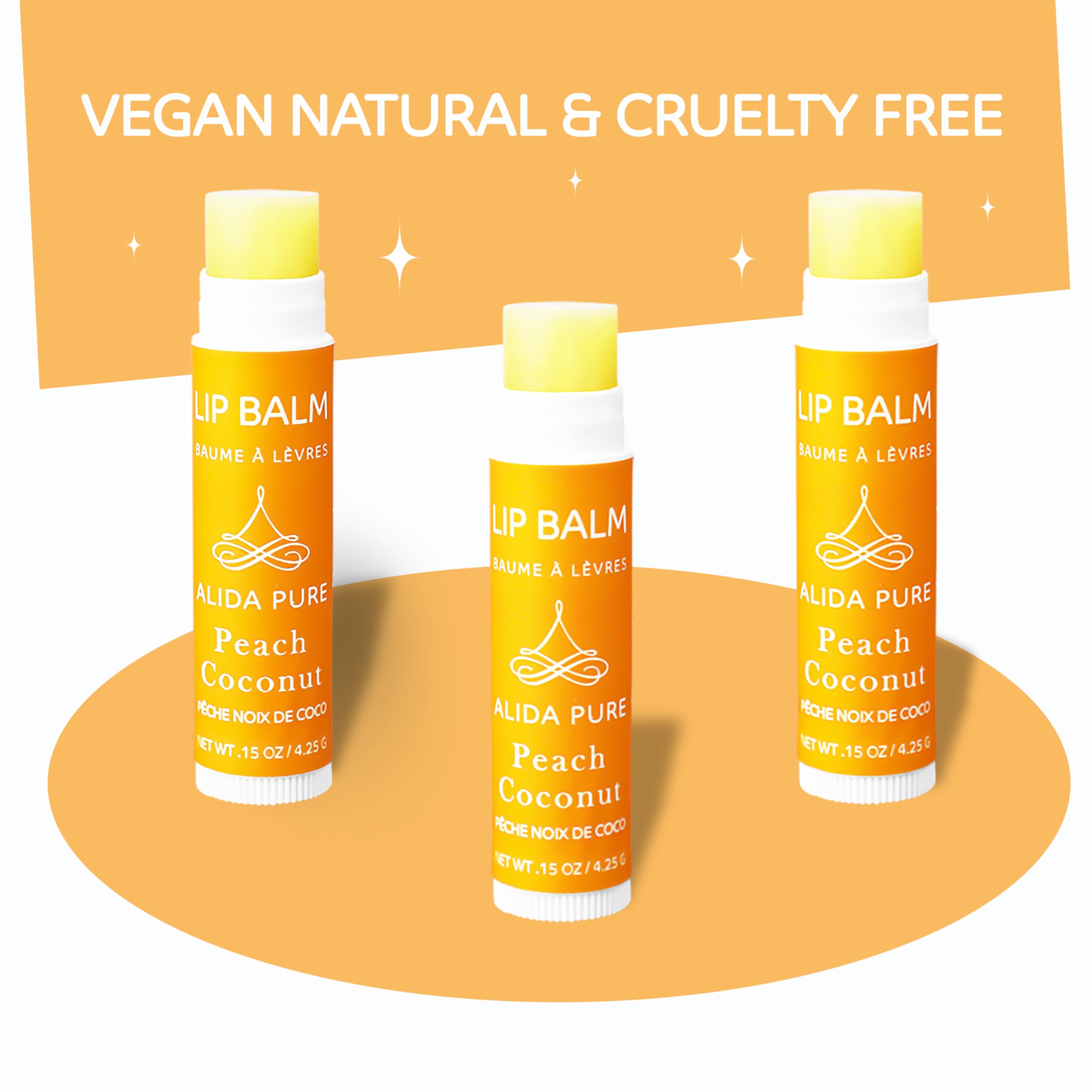 ALIDA PURE Peach Coconut Lip Balm Collection – Vegan, Beeswax Free, 3 Tubes