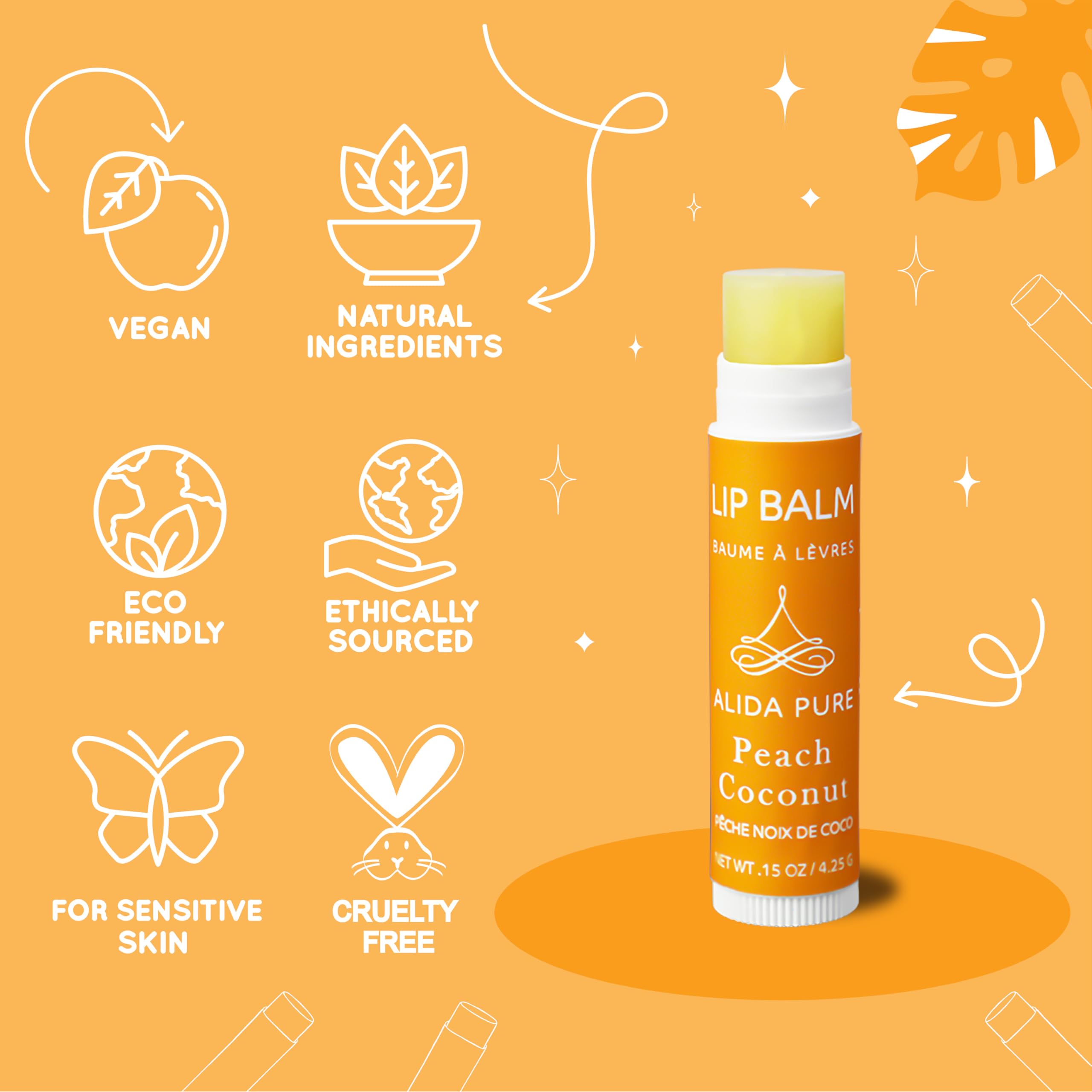 ALIDA PURE Peach Coconut Lip Balm Collection – Vegan, Beeswax Free, 3 Tubes