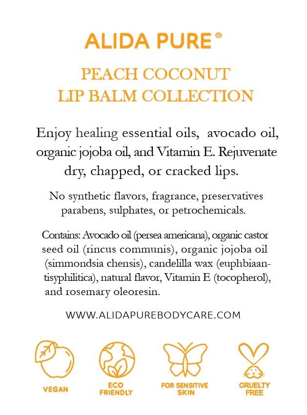 ALIDA PURE Peach Coconut Lip Balm Collection – Vegan, Beeswax Free, 3 Tubes
