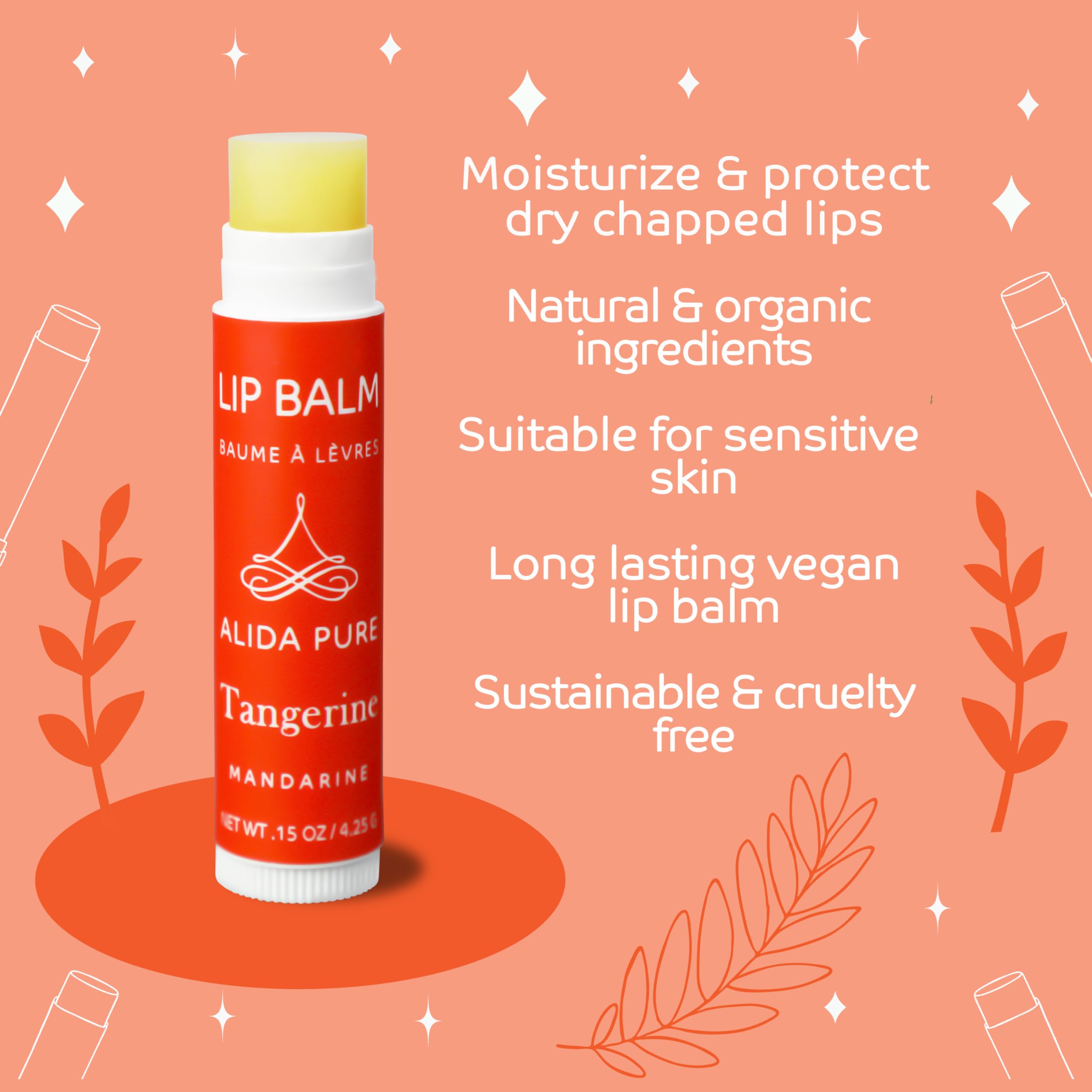 ALIDA PURE Tangerine Lip Balm Set – Vegan, Beeswax Free (3 Tubes)