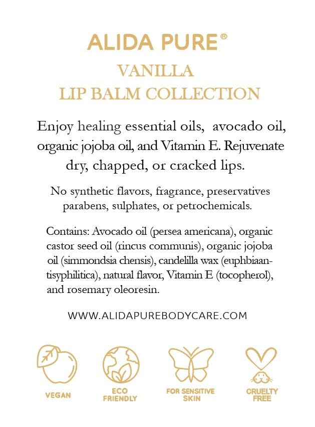 ALIDA PURE Vanilla Lip Balm Collection — Vegan, Beeswax Free, Jojoba & Avocado Oils