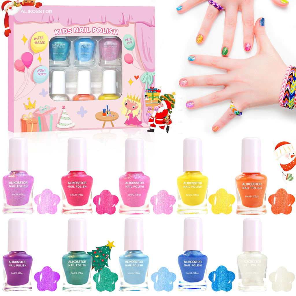ALIKOSSTOR Glitter Nail Polish Set for Kids – 10 Non-Toxic, Quick-Dry, Peel-Off