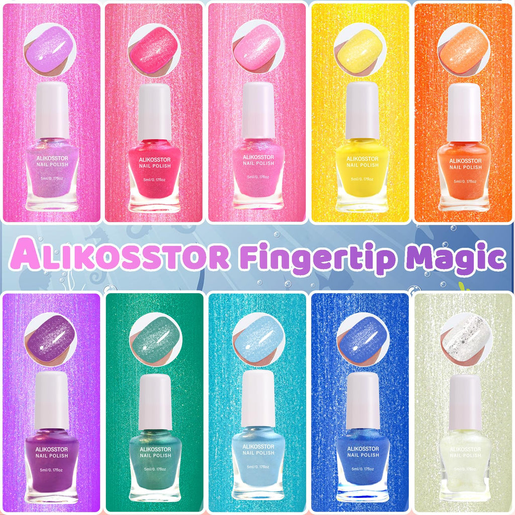 ALIKOSSTOR Glitter Nail Polish Set for Kids – 10 Non-Toxic, Quick-Dry, Peel-Off