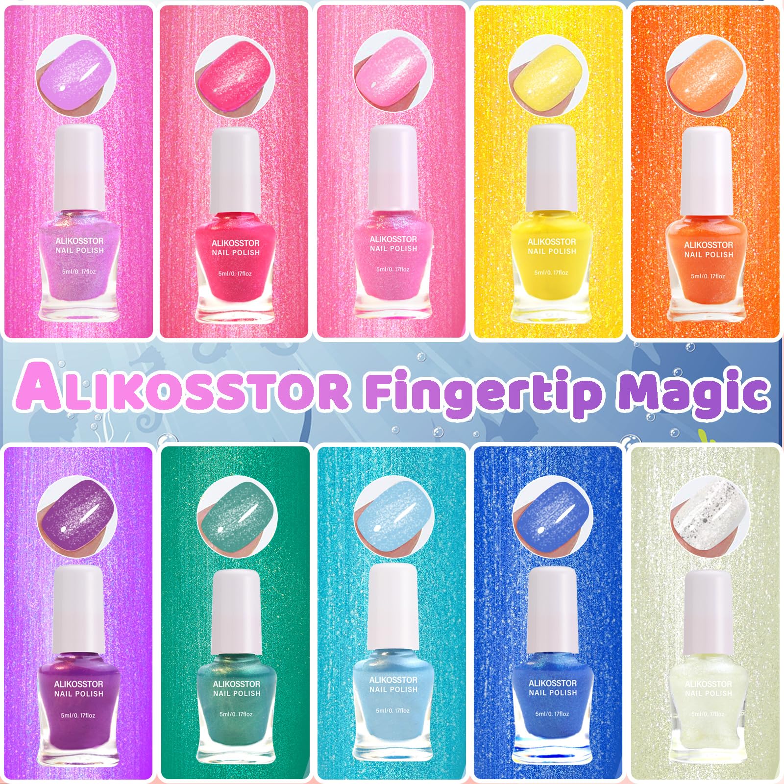 ALIKOSSTOR Glitter Nail Polish Set for Kids – 10 Non-Toxic, Quick-Dry, Peel-Off