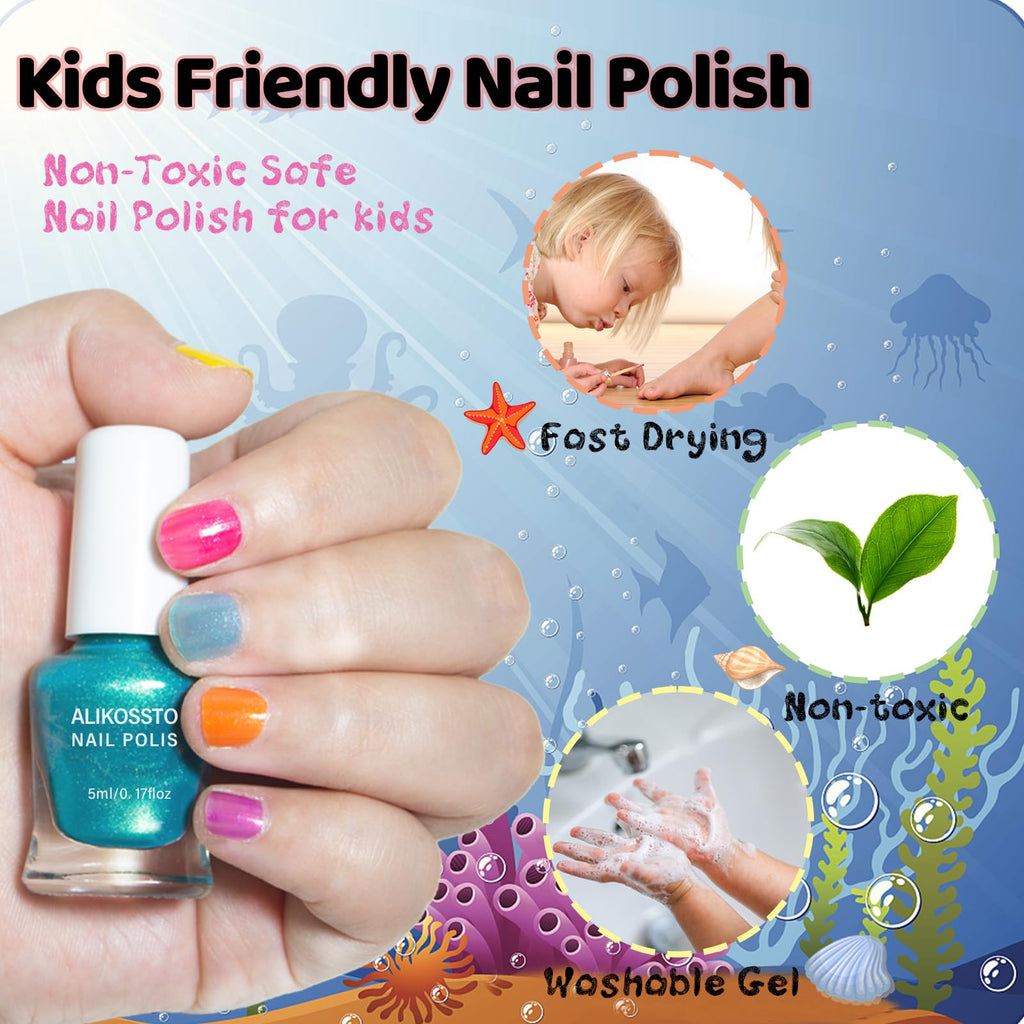 ALIKOSSTOR Glitter Nail Polish Set for Kids – 10 Non-Toxic, Quick-Dry, Peel-Off