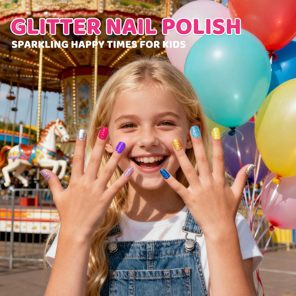 ALIKOSSTOR Glitter Nail Polish Set for Kids – 10 Non-Toxic, Quick-Dry, Peel-Off