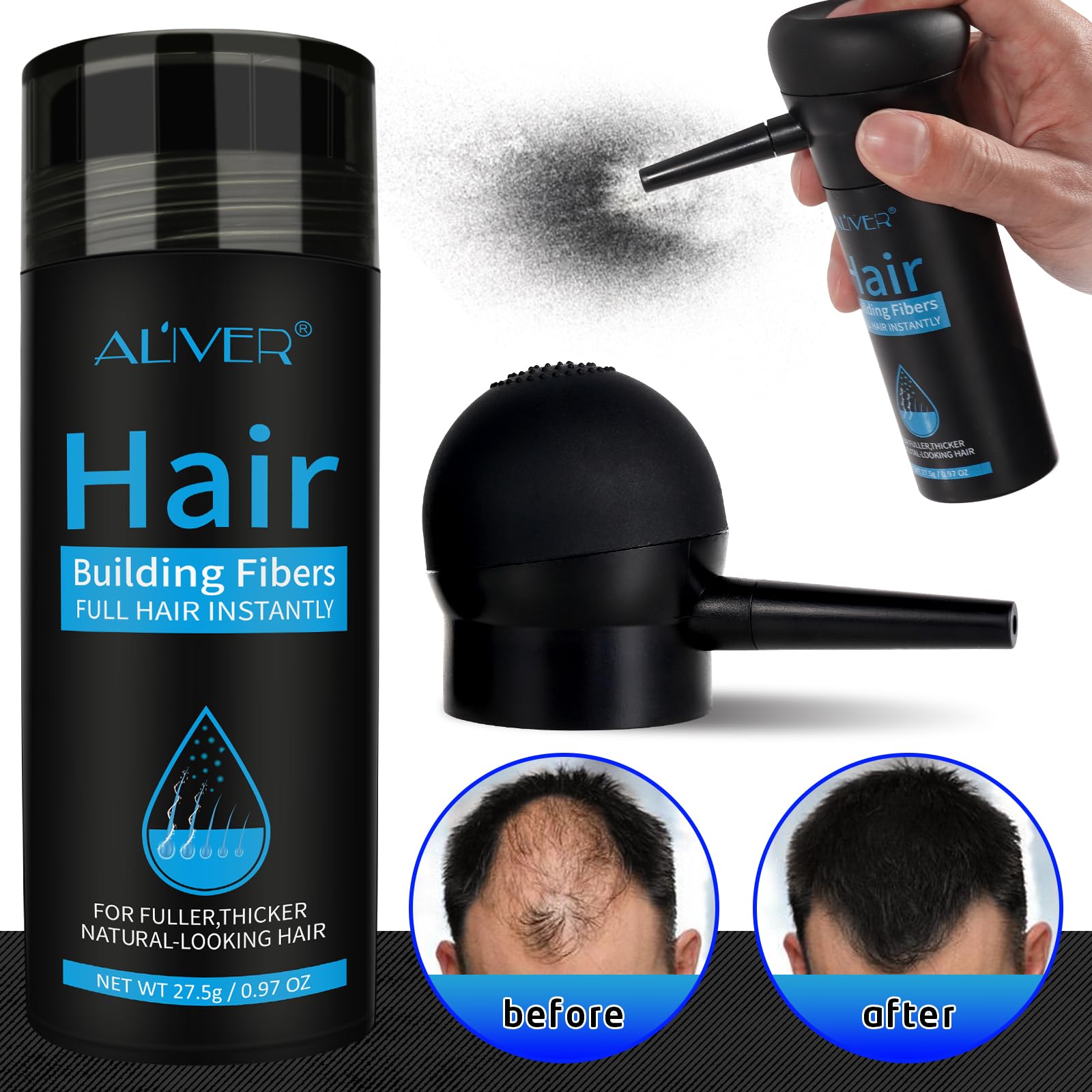 ALIVER Hair Fibers for Thinning Hair – Instant Fuller Look for Women & Men, Black, 27.5 g