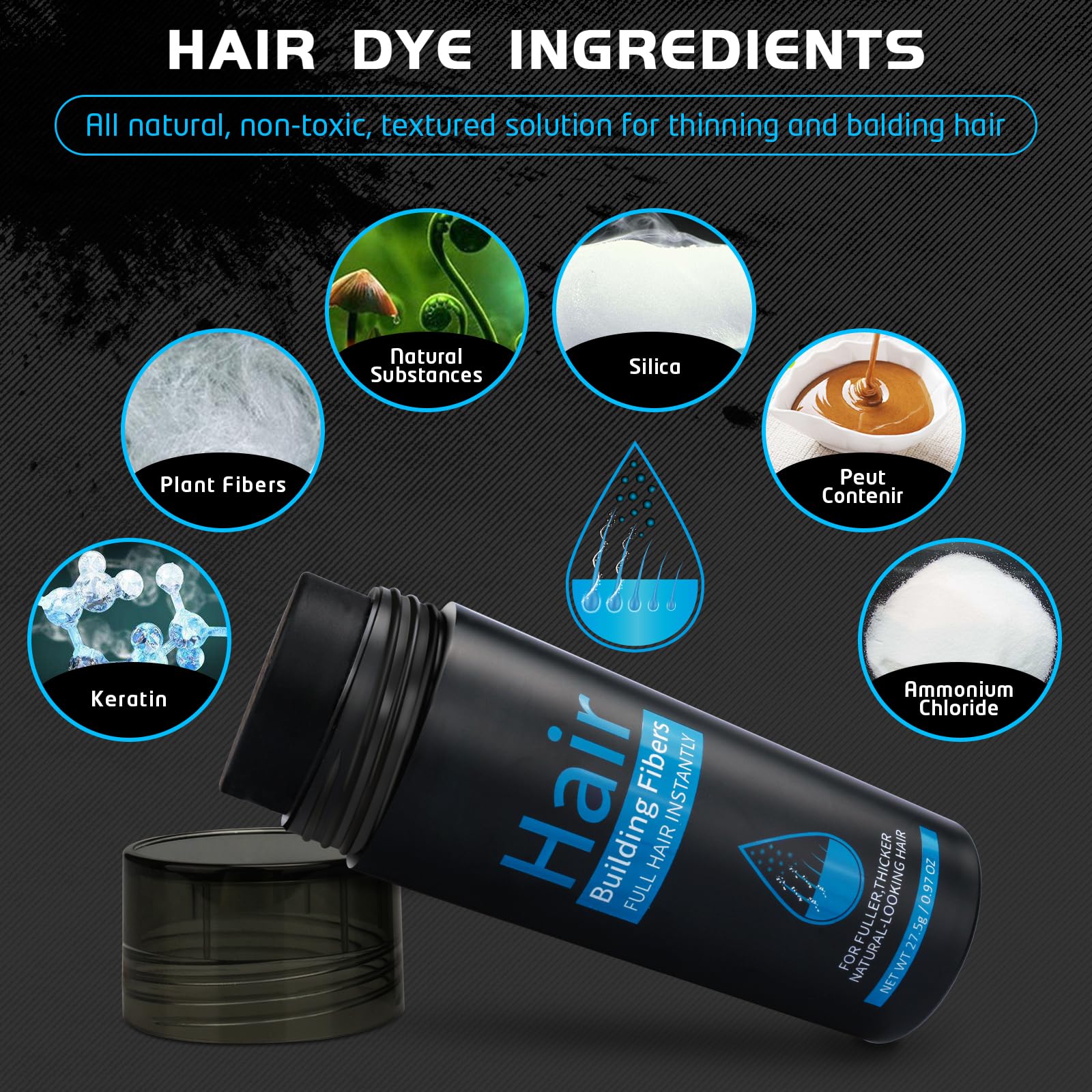 ALIVER Hair Fibers for Thinning Hair – Instant Fuller Look for Women & Men, Black, 27.5 g