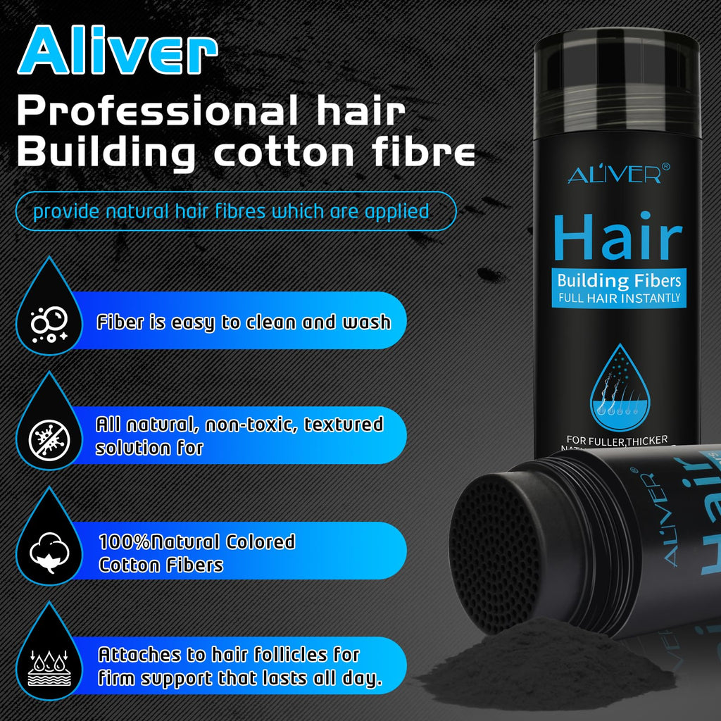 ALIVER Hair Fibers for Thinning Hair – Instant Fuller Look for Women & Men, Black, 27.5 g