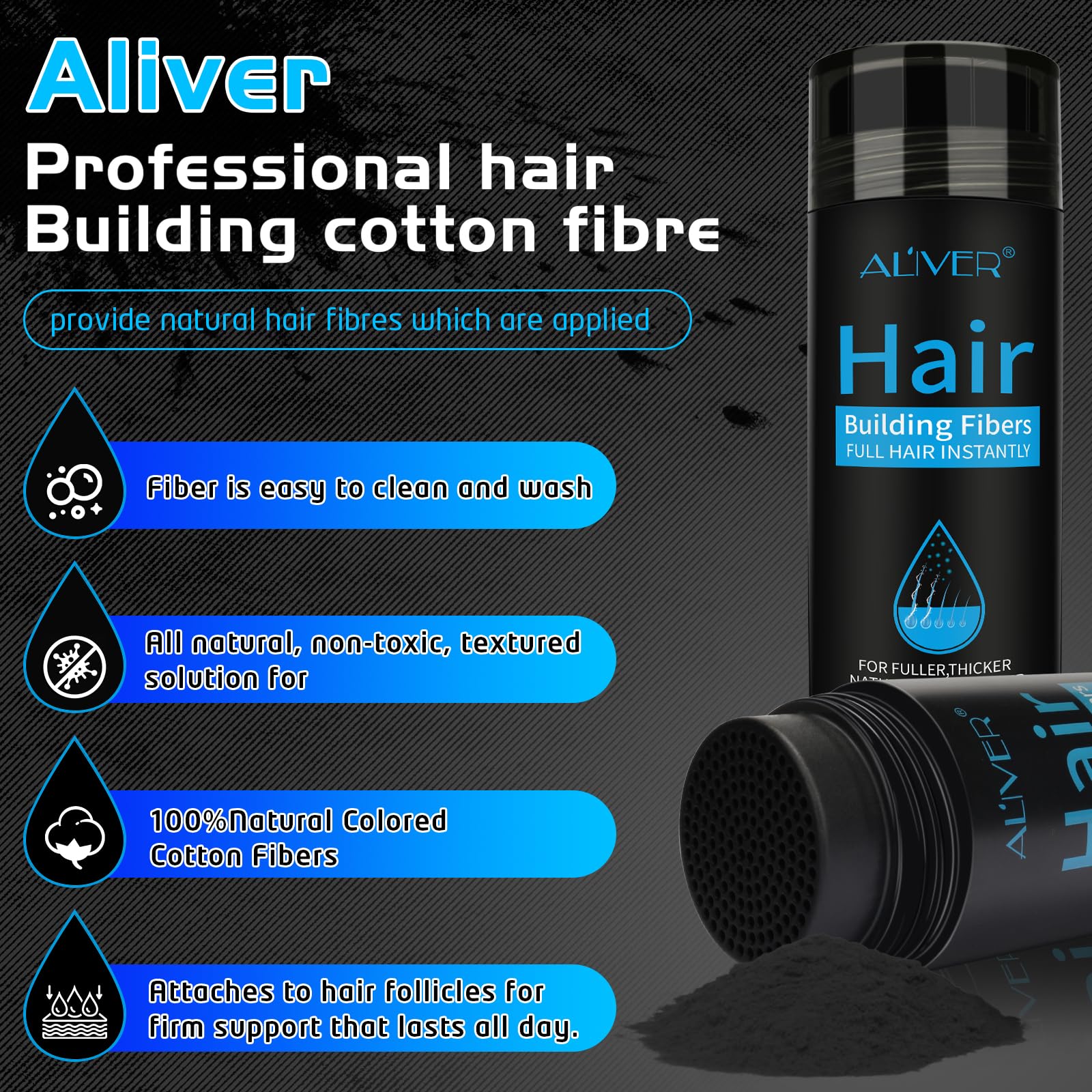 ALIVER Hair Fibers for Thinning Hair – Instant Fuller Look for Women & Men, Black, 27.5 g