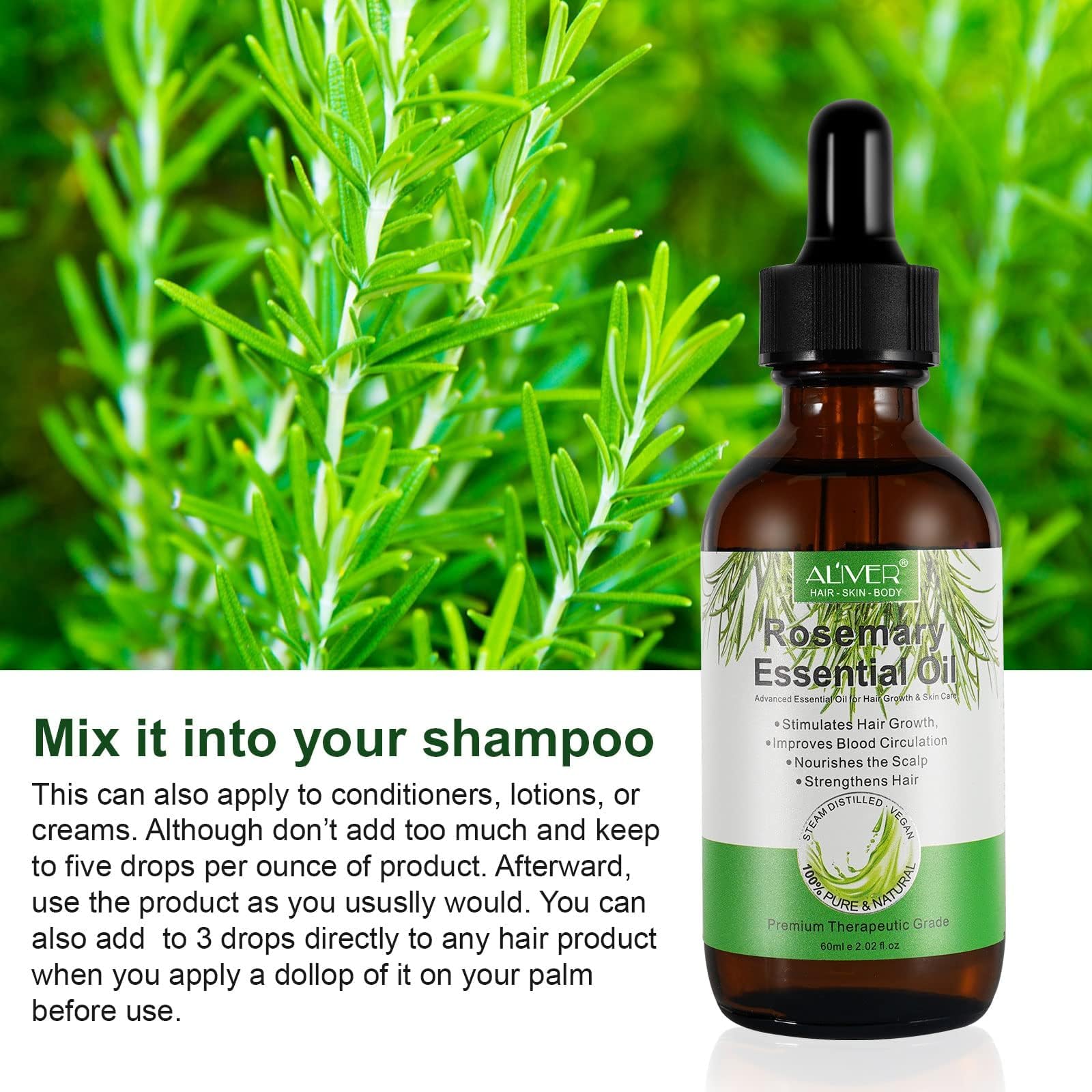 ALIVER Pure Rosemary Essential Oil – 2-Pack for Hair & Scalp Care | 2.02 Fl Oz