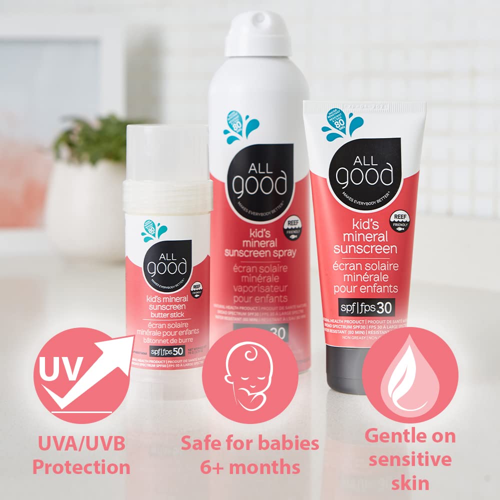 All Good Makes Everything Better Baby & Kids Mineral Sunscreen: Butter Sticks SPF 50 & Sprays SPF 30