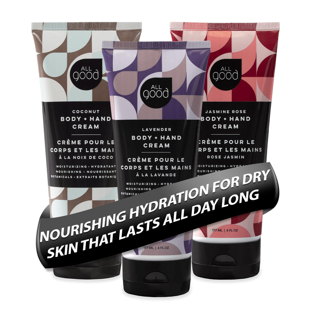 All Good Hand & Body Lotion — Organic Moisturizer with Cocoa Butter, Vitamin E, 3-Pack (Coconut, Lavender, Jasmine Rose)