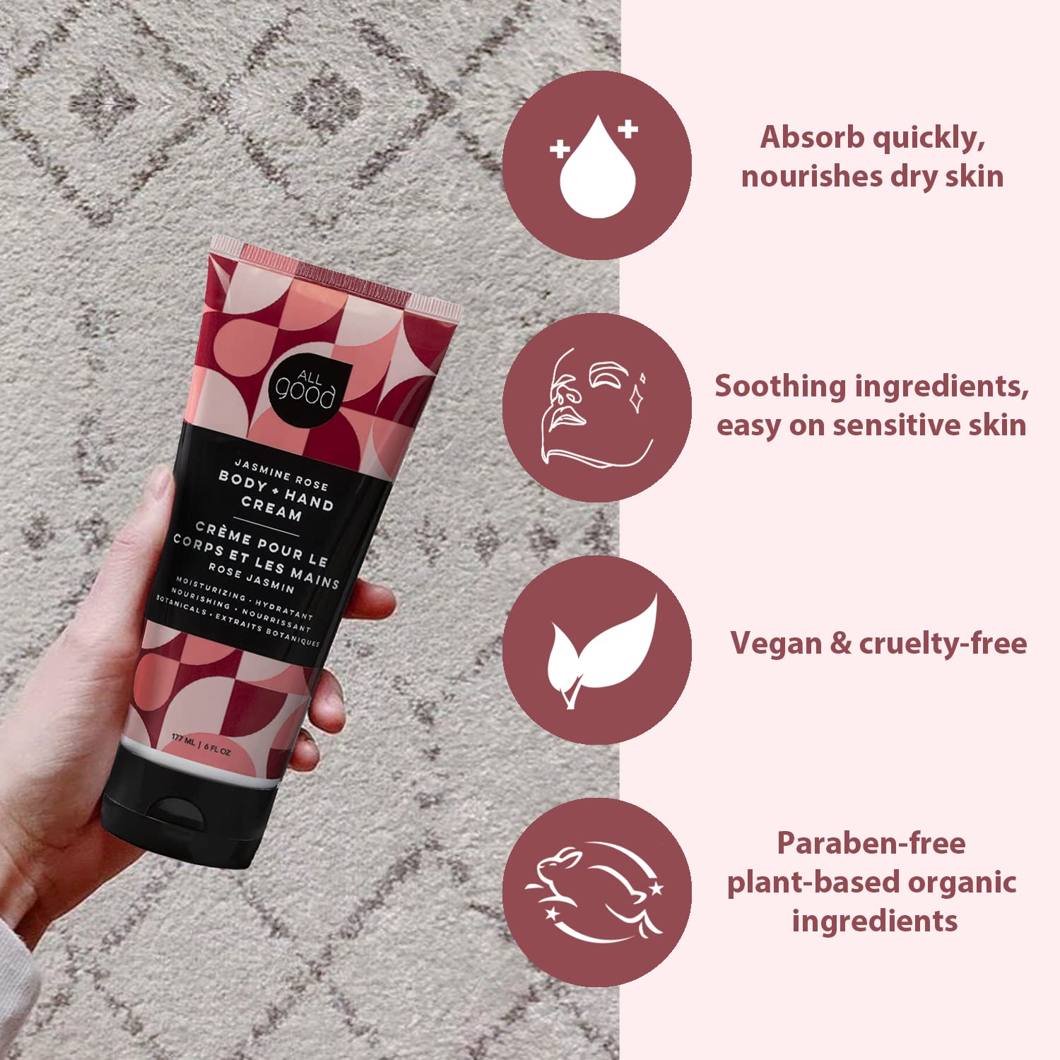 All Good Hand & Body Lotion – Organic Jasmine Rose Moisturizer, Non-Greasy, 6 fl oz