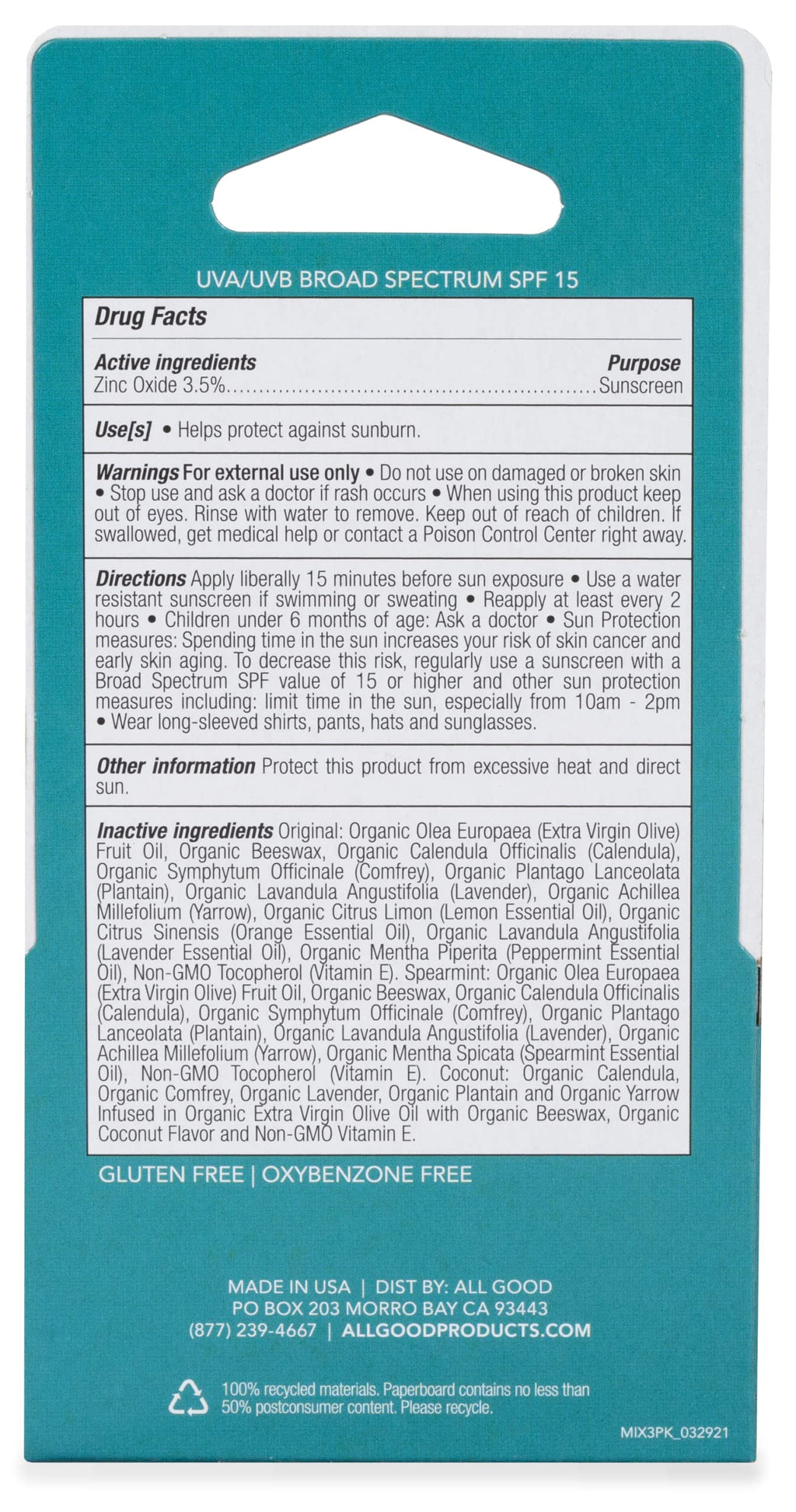 All Good Organic SPF15 Lip Balm – Hydrating Lip Care with Olive Oil, Calendula & Vitamin E (6-Pack) – Original, Spearmint & Coconut