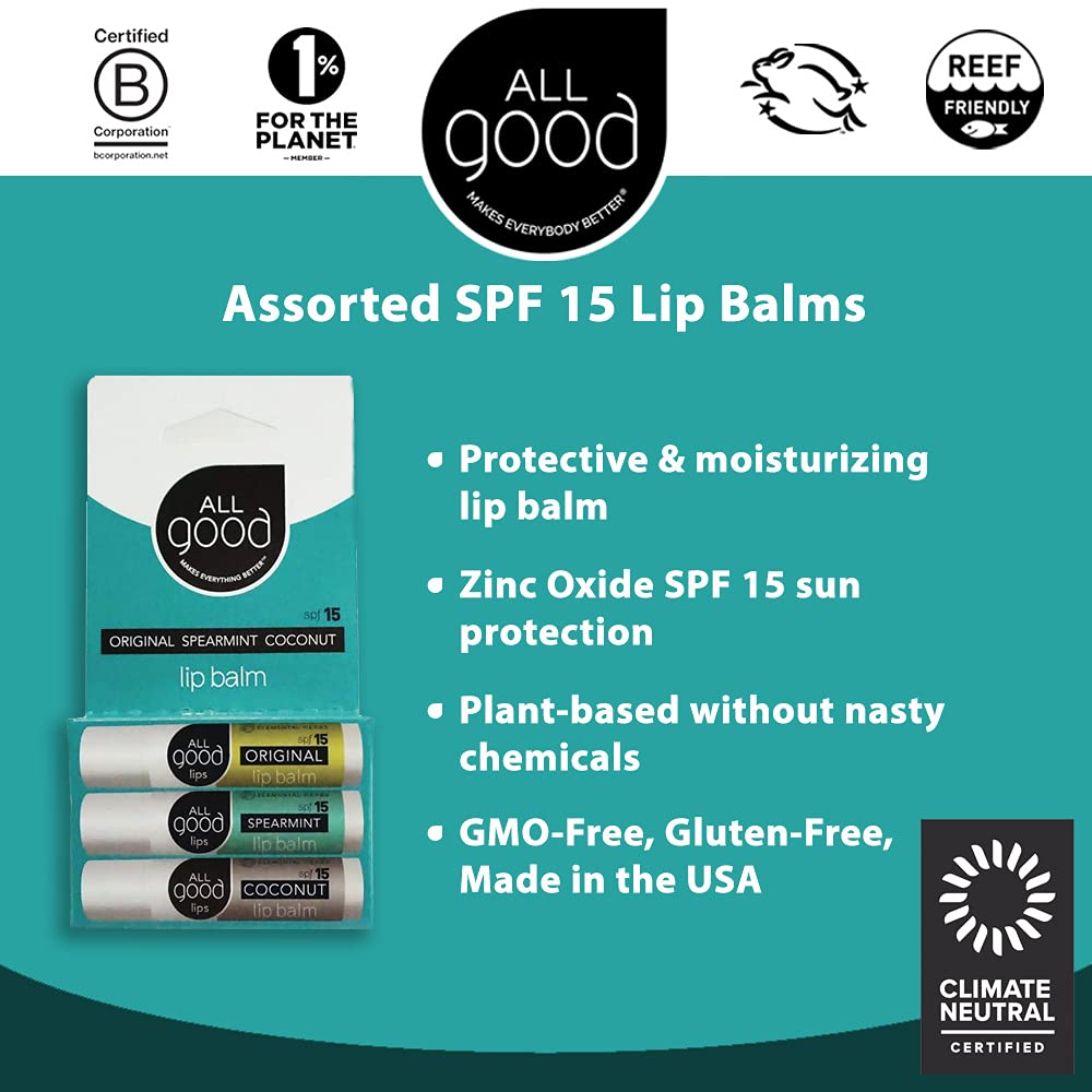 All Good Organic SPF15 Lip Balm – Hydrating Lip Care with Olive Oil, Calendula & Vitamin E (6-Pack) – Original, Spearmint & Coconut