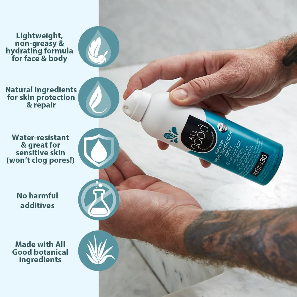 All Good Sport Sunscreen Spray SPF 30 - Broad Spectrum, Water Resistant, Reef Friendly (2-Pack) | All Good Makes Everything Better