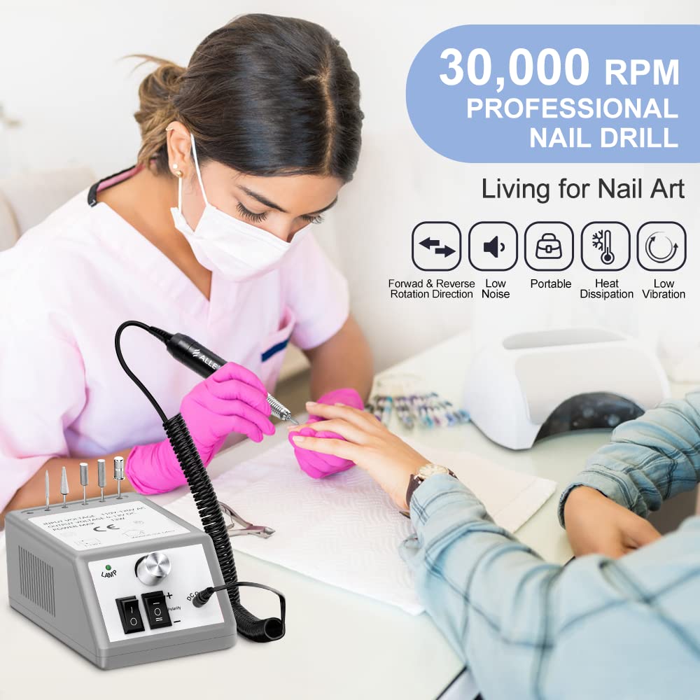 alle's 30000 RPM Professional Nail Drill Machine – Efile Kit with 6 Bits & 106 Sanding Bands (Grey)