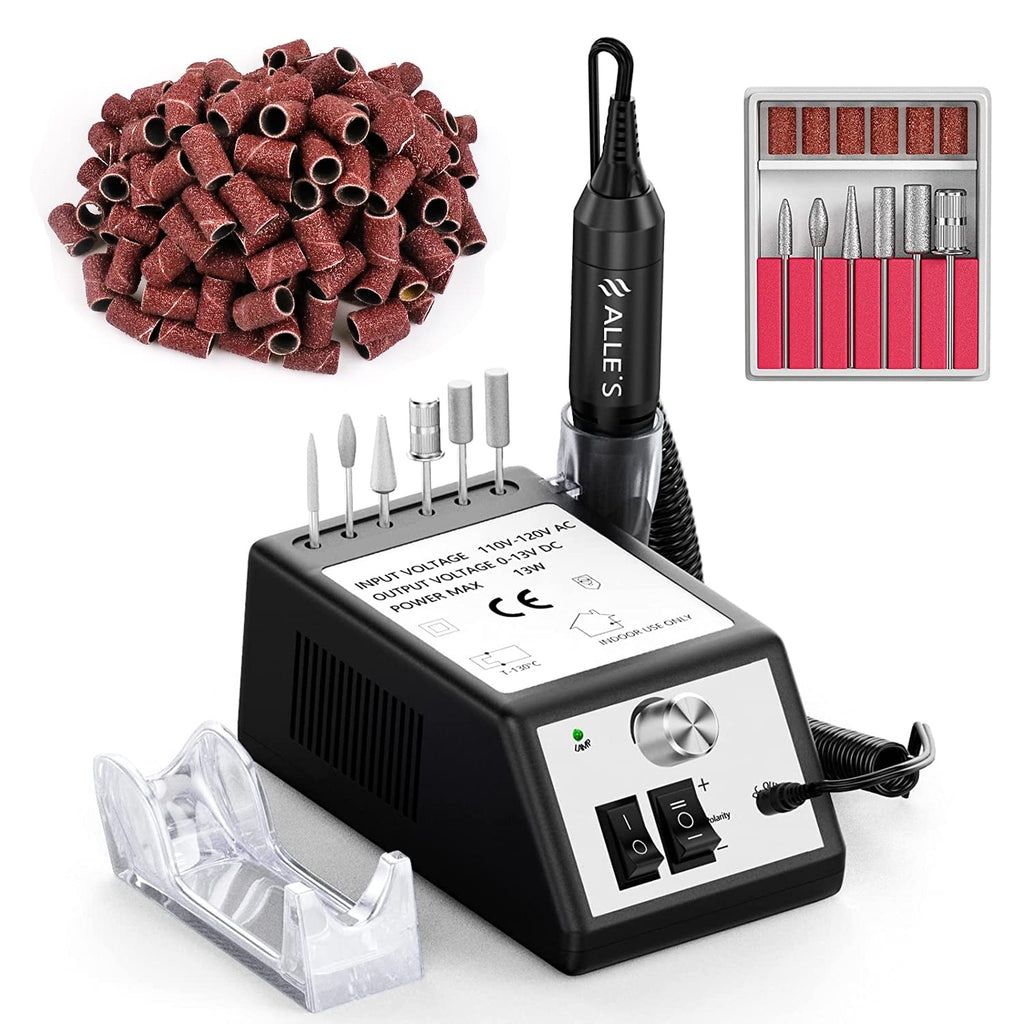 alle's Professional Nail Drill Machine 20000 RPM Efile Kit — 6 Bits, 106 Sanding Bands (Black)