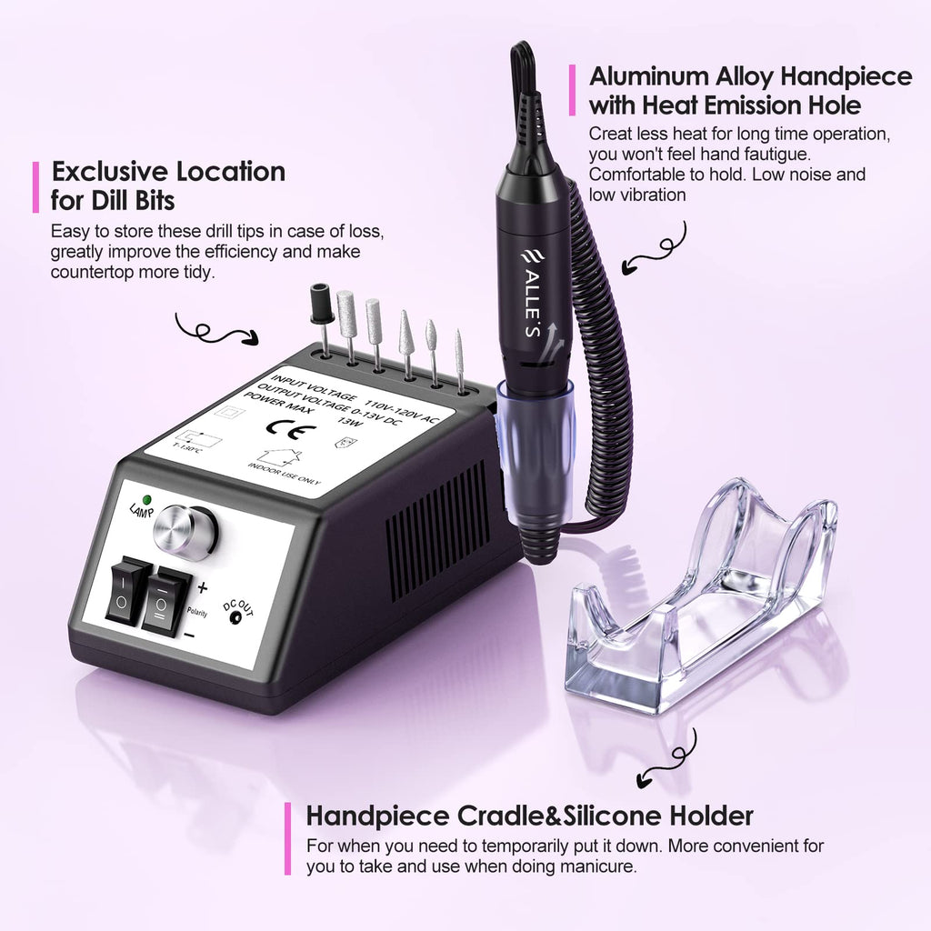 alle's Professional Nail Drill Machine 20000 RPM Efile Kit — 6 Bits, 106 Sanding Bands (Black)