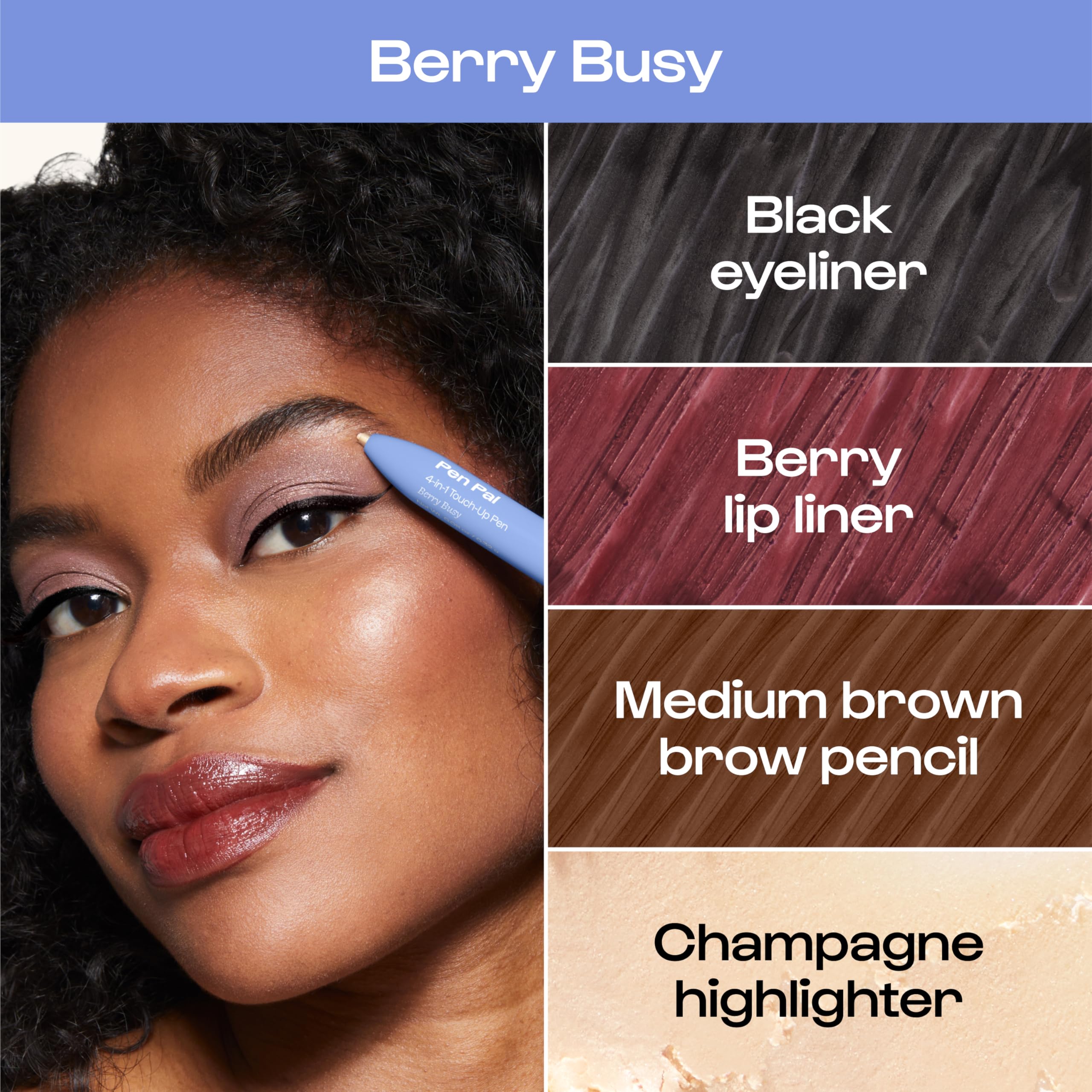 ALLEYOOP Pen Pal 4-in-1 Makeup Pen – Eyeliner, Lip Liner, Highlighter & Brow – Berry Busy (Medium - Deep)