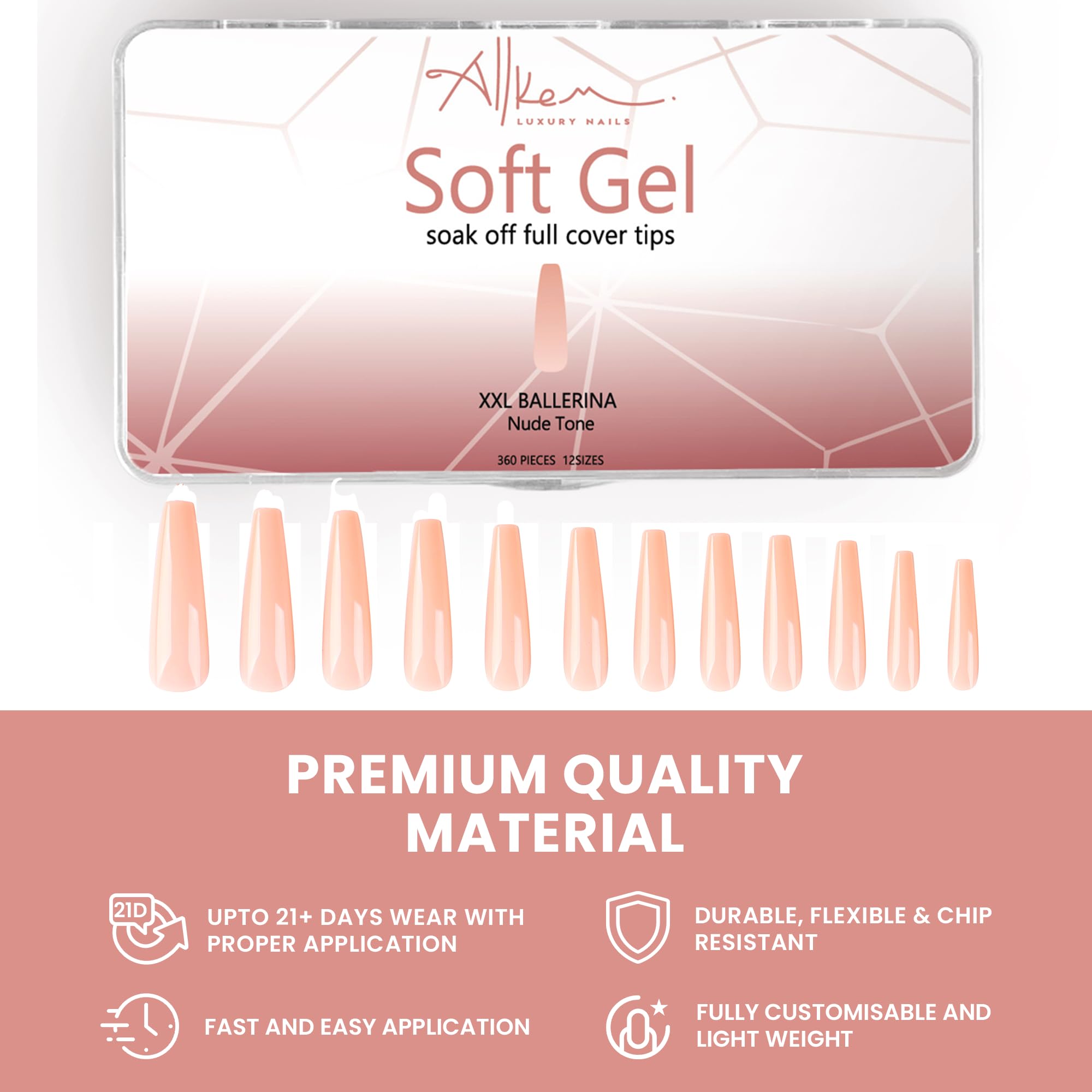 ALLKEM Soft Gel Nail Tips – 360 pcs XXL Ballerina Full Cover Nails Nude (12 Sizes)