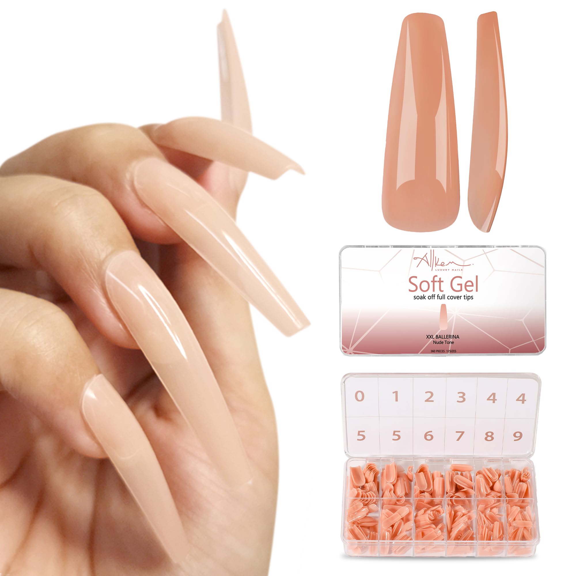 ALLKEM Soft Gel Nail Tips – 360 pcs XXL Ballerina Full Cover Nails Nude (12 Sizes)