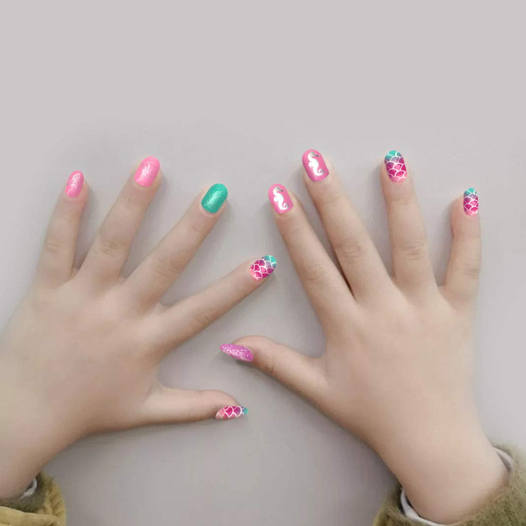 Allstarry Kids Press-On Nails 120pcs – Glitter Gradient Mermaid & Unicorn 5-Pack