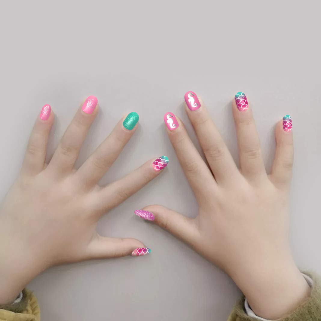 Allstarry Kids Press-On Nails 120pcs – Glitter Gradient Mermaid & Unicorn 5-Pack