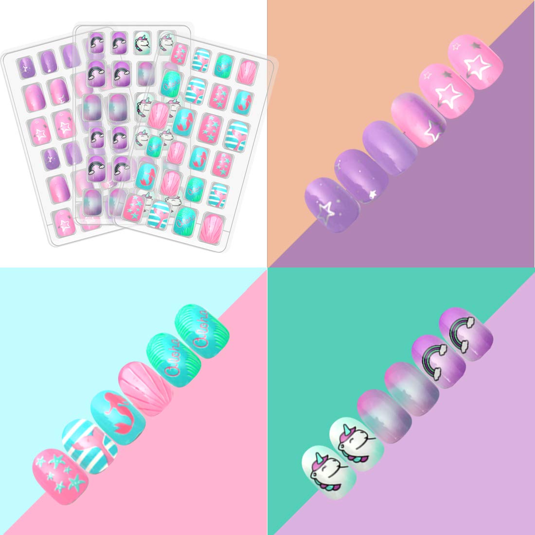 Allstarry Kids Press-On Nails 120pcs – Glitter Gradient Mermaid & Unicorn 5-Pack