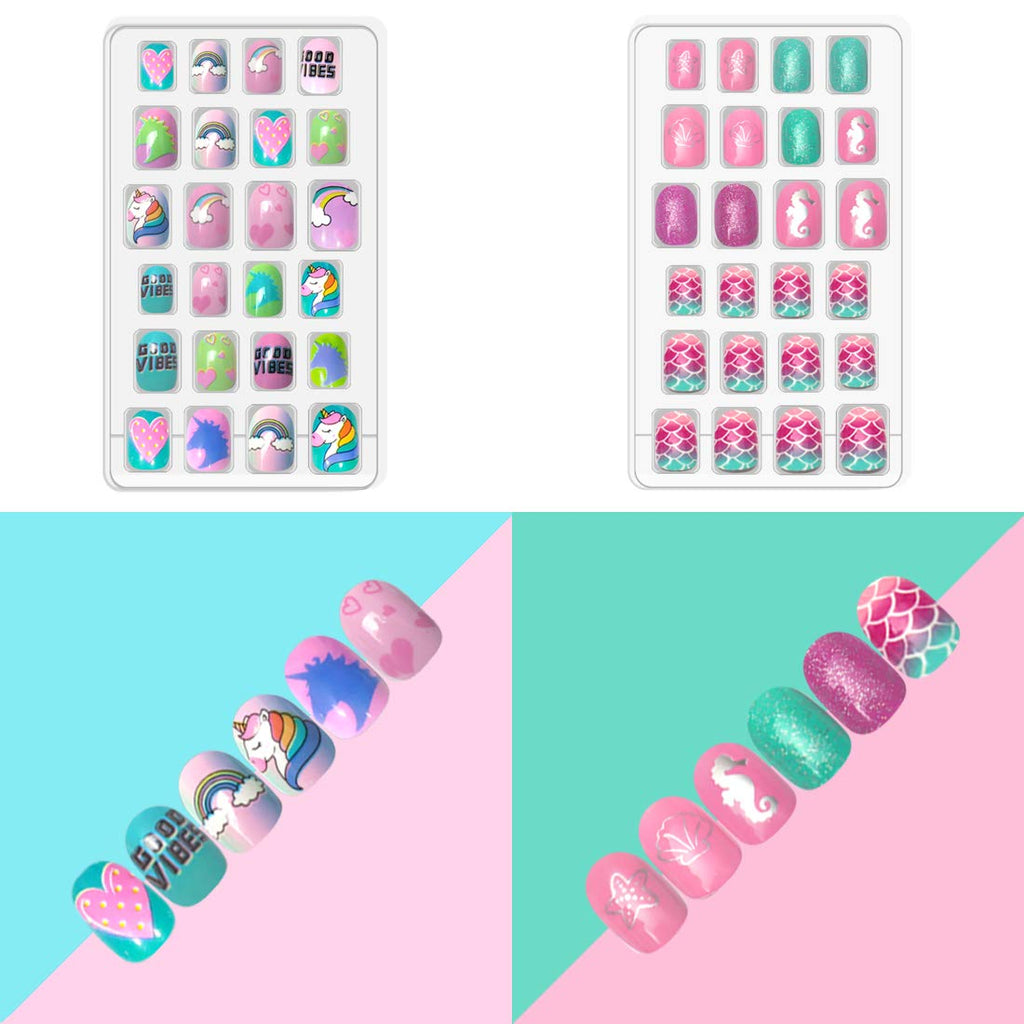 Allstarry Kids Press-On Nails 120pcs – Glitter Gradient Mermaid & Unicorn 5-Pack