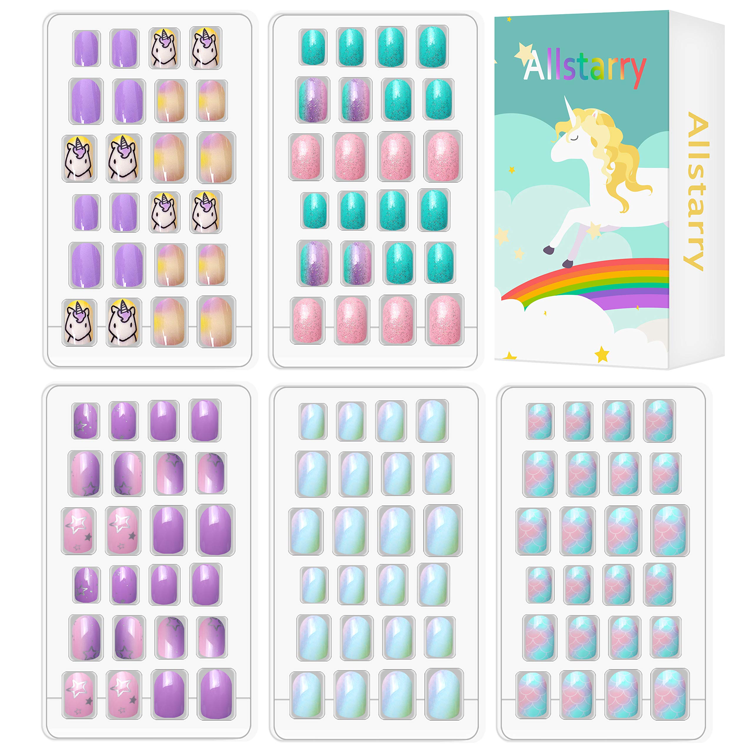 Allstarry 120pcs 5-Pack Kids Press-On Nails – Pre-glue Full-Cover Unicorn Purple Glitter