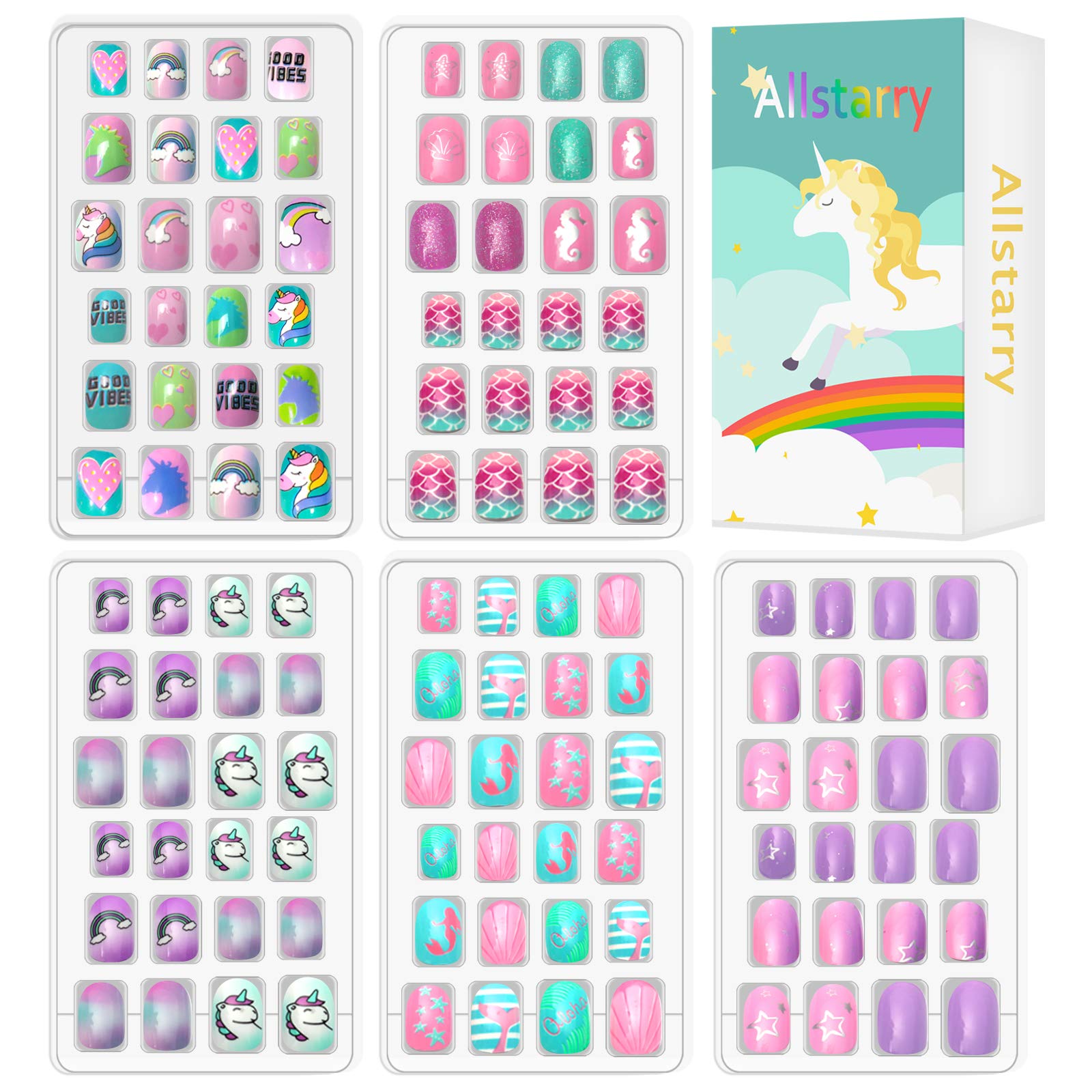 Allstarry Kids Press-On Nails 120pcs – Glitter Gradient Mermaid & Unicorn 5-Pack