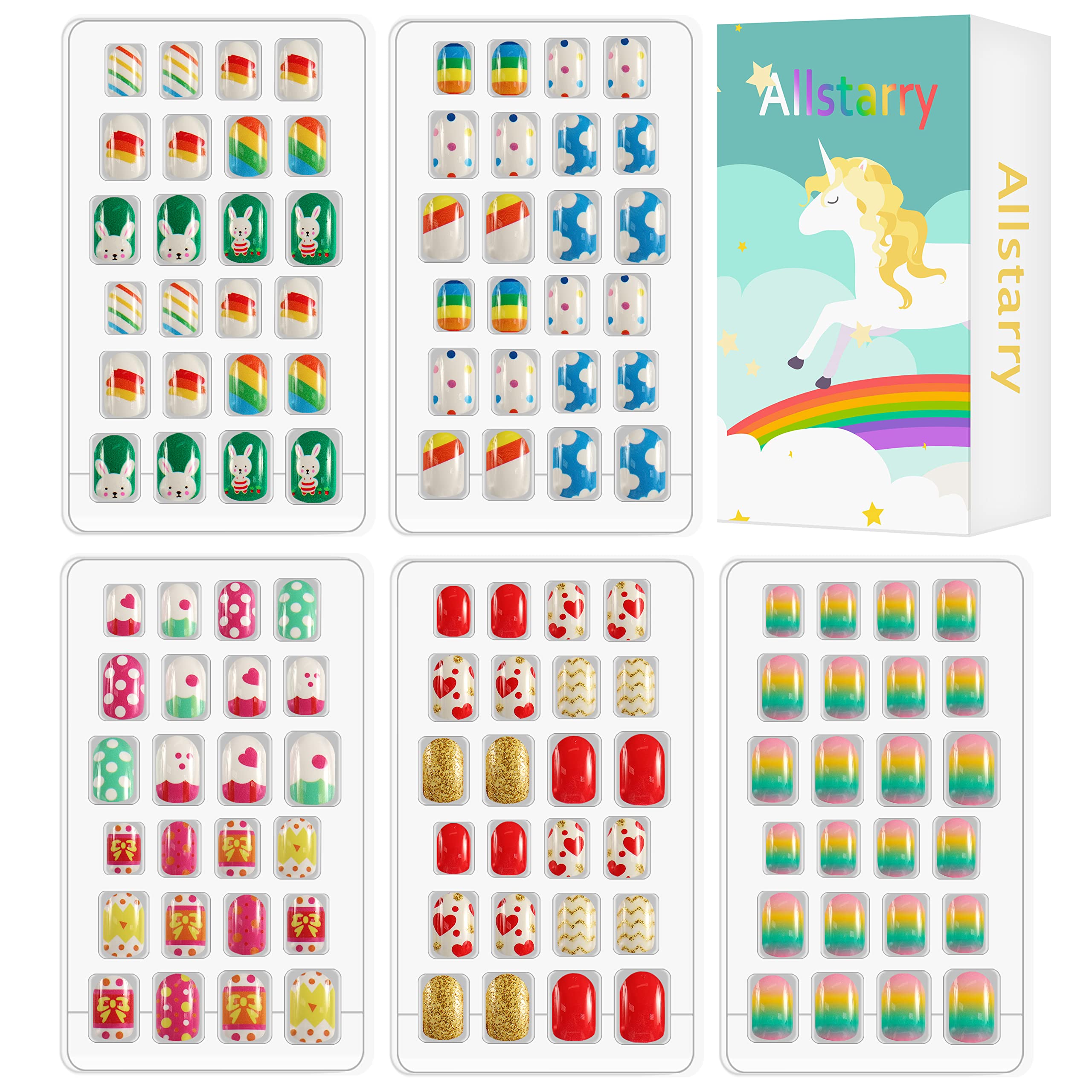 Allstarry 120pcs Kids Press-On Nails – 5-Pack Glitter Rainbow Short Full-Cover Nail Kit