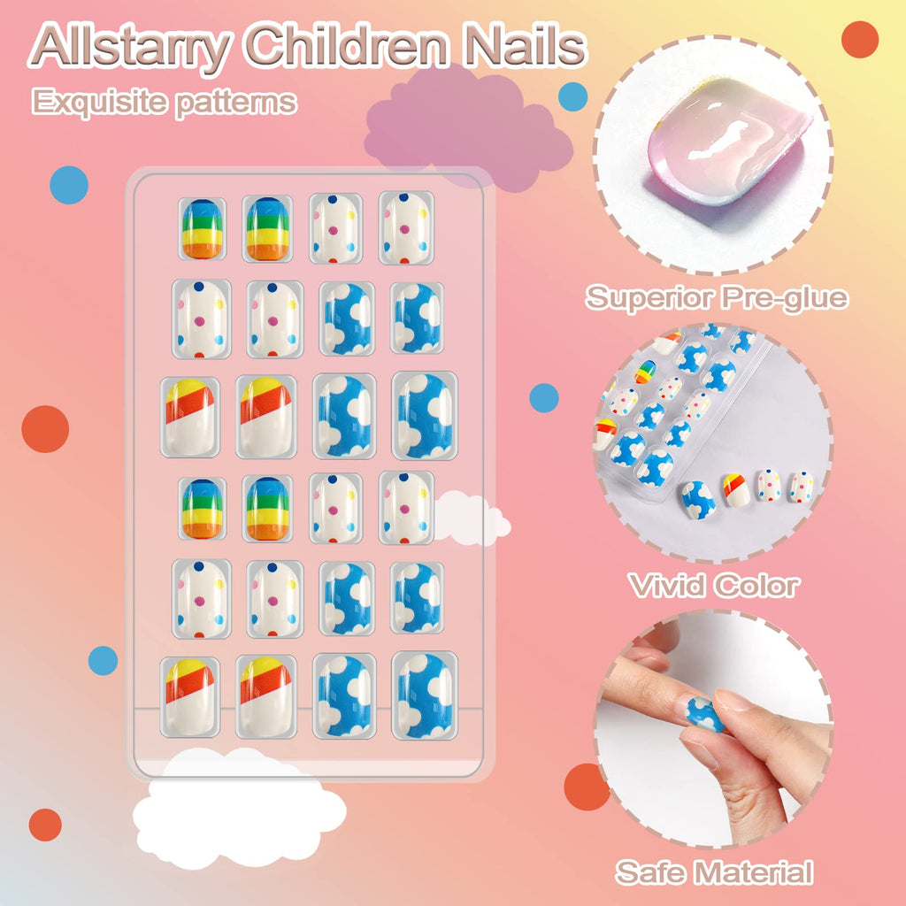 Allstarry 120pcs Kids Press-On Nails – 5-Pack Glitter Rainbow Short Full-Cover Nail Kit