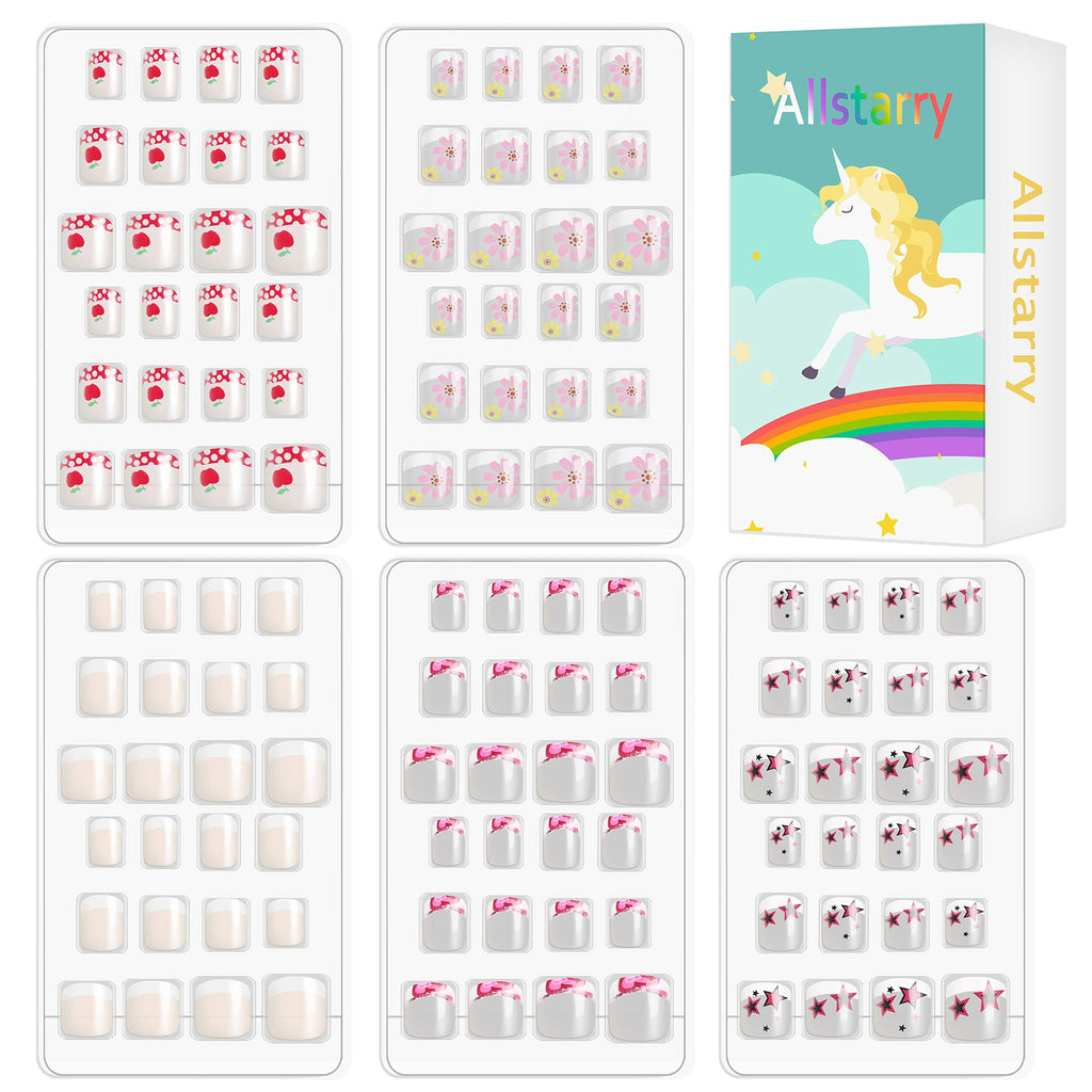 Allstarry 120Pcs French Press-On Nails Kit for Kids | 5-Pack Flower Series