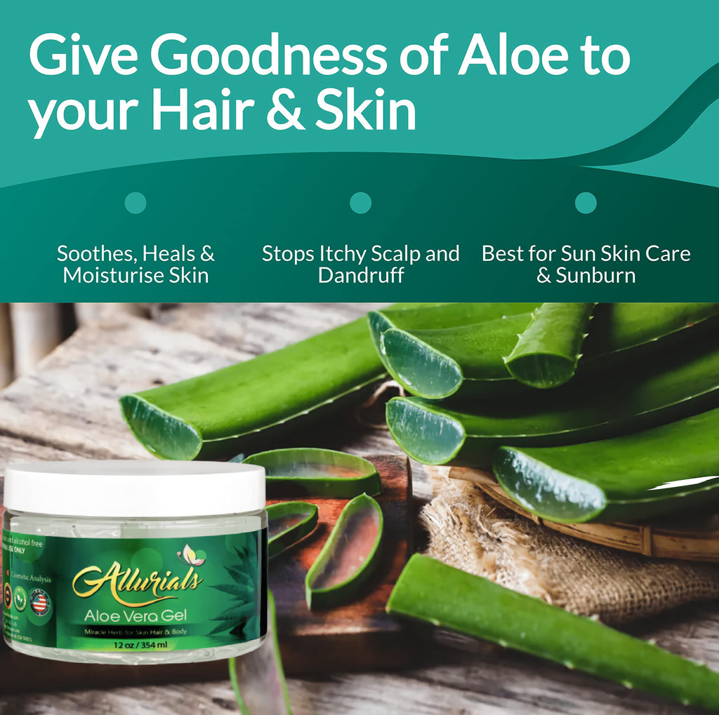 Allurials 99.75% Pure Organic Aloe Vera Gel – Made in USA, Dermatologist Approved, 12 oz