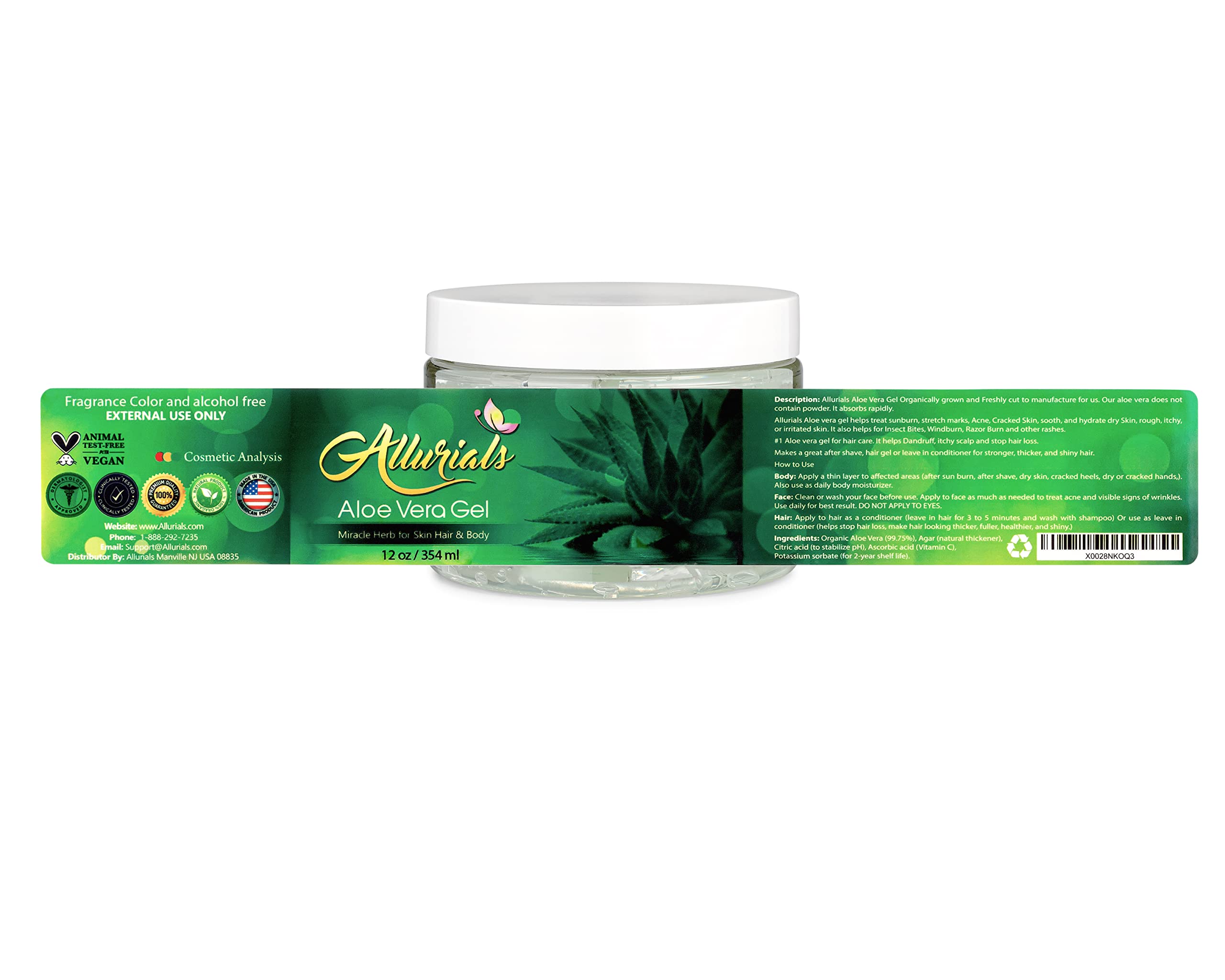 Allurials 99.75% Pure Organic Aloe Vera Gel – Made in USA, Dermatologist Approved, 12 oz