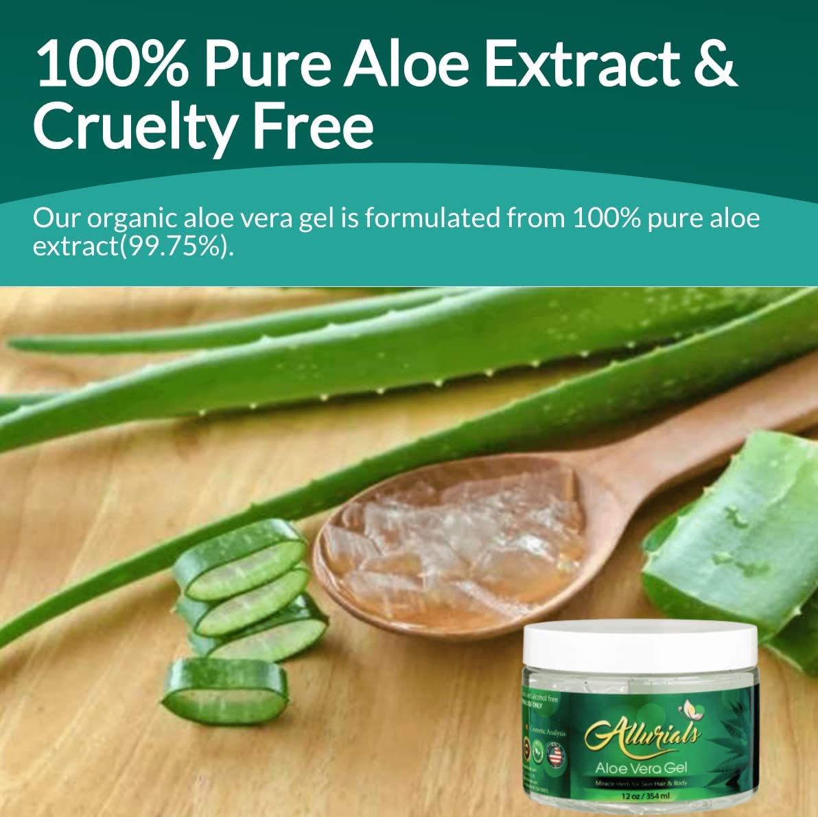 Allurials 99.75% Pure Organic Aloe Vera Gel – Made in USA, Dermatologist Approved, 12 oz