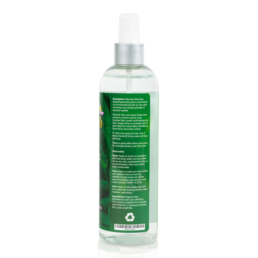 Allurials 99.75% Pure Organic Aloe Vera Spray – Clinically Tested, Dermatologist Approved (12 oz)