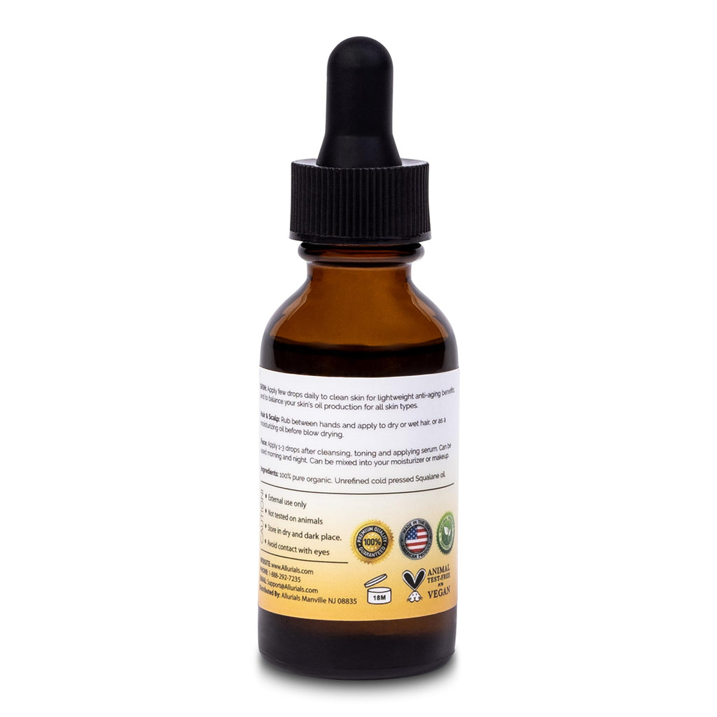 Allurials 100% Organic Squalane Oil – Plant-Based Face, Hair & Body