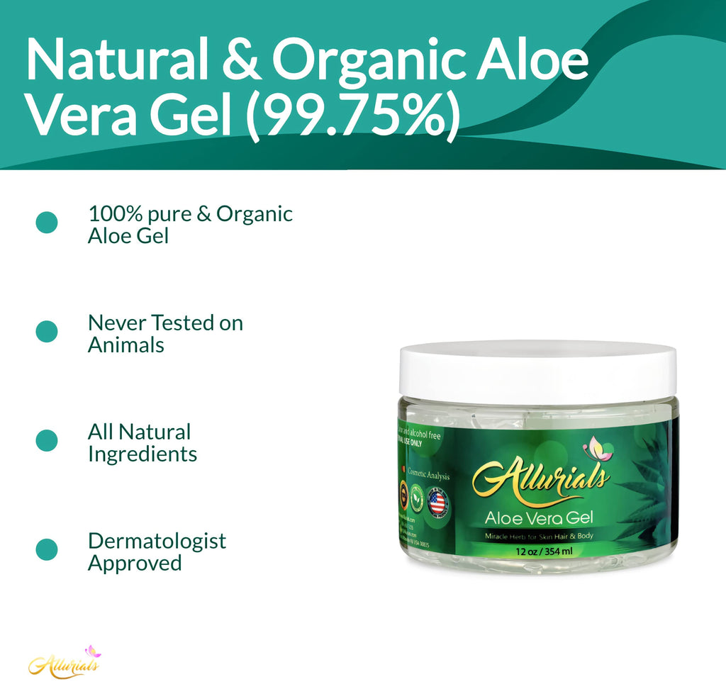 Allurials 99.75% Pure Organic Aloe Vera Gel – Made in USA, Dermatologist Approved, 12 oz