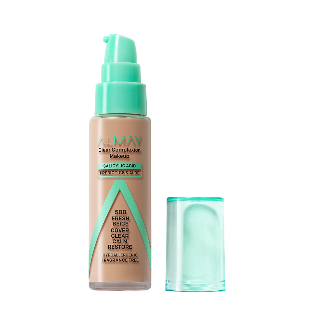 Almay Clear Complexion Acne Foundation with Salicylic Acid – Medium Coverage, Soft Matte Finish, Hypoallergenic | 500 Fresh Beige 1 fl oz