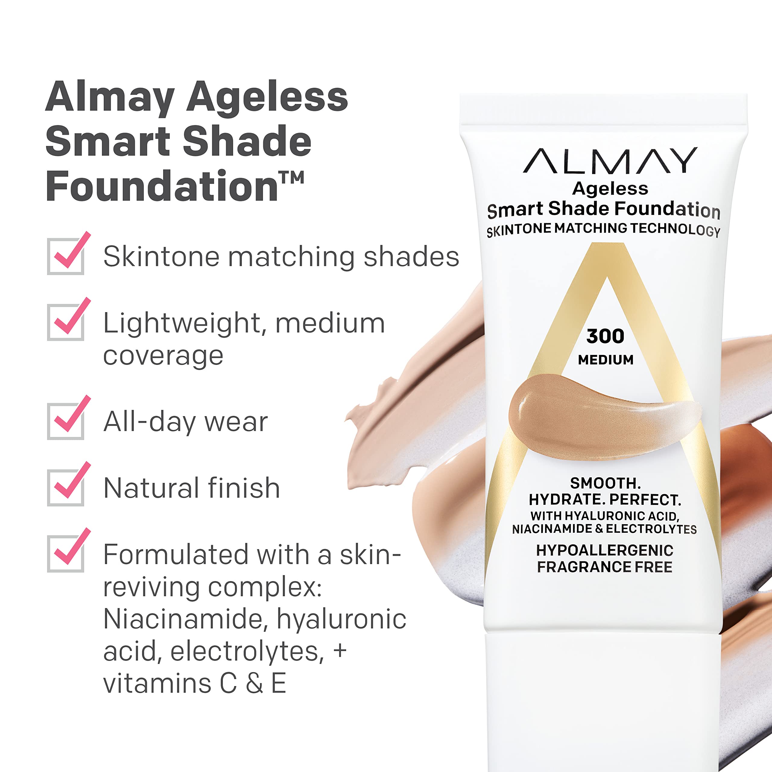 Almay Smart Shade Foundation | Hyaluronic Acid, Niacinamide & Vitamin C & E | Fragrance Free, Beige 400