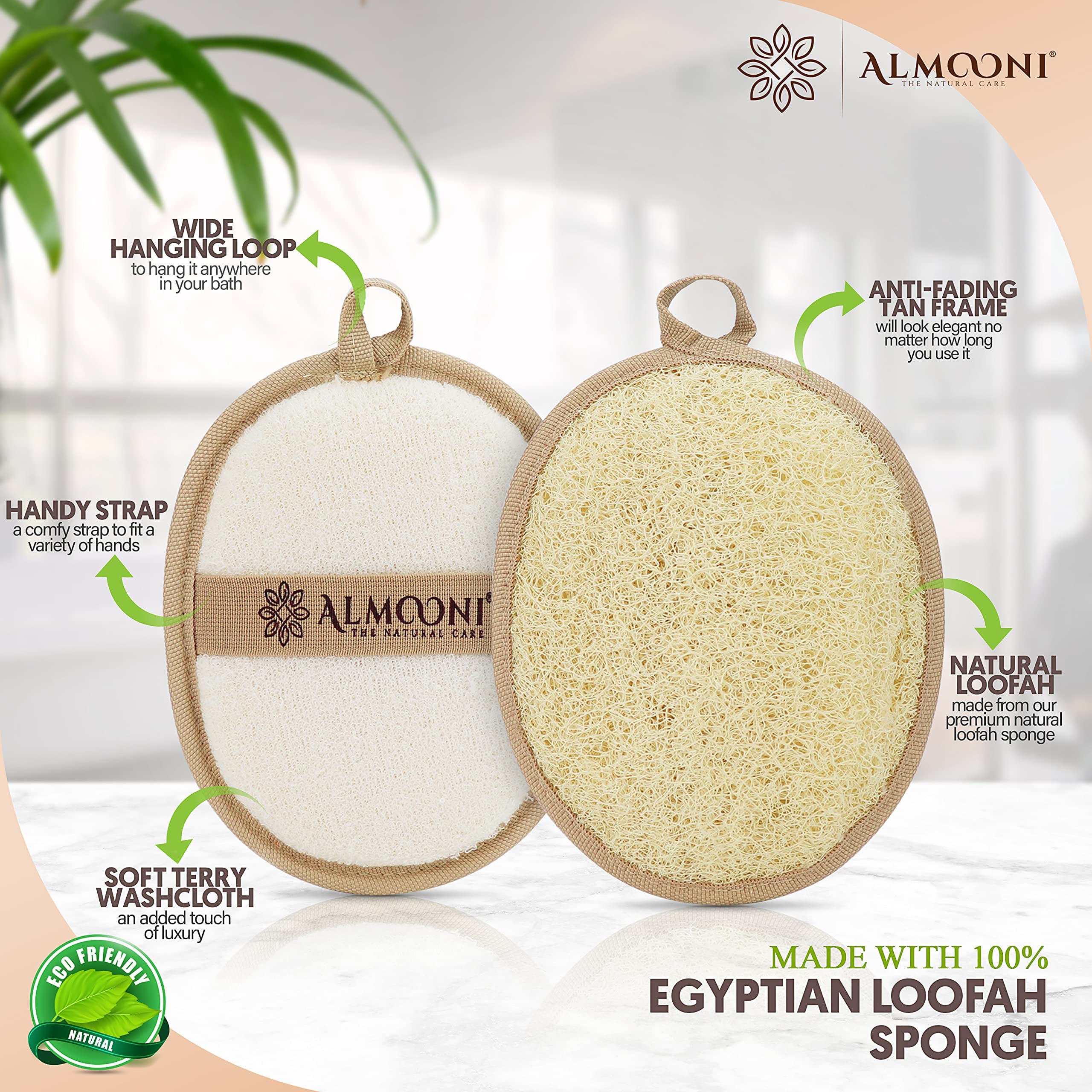 Almooni Natural Loofah Exfoliating Body Scrubber – Egyptian Loofah Sponge (2 Count)