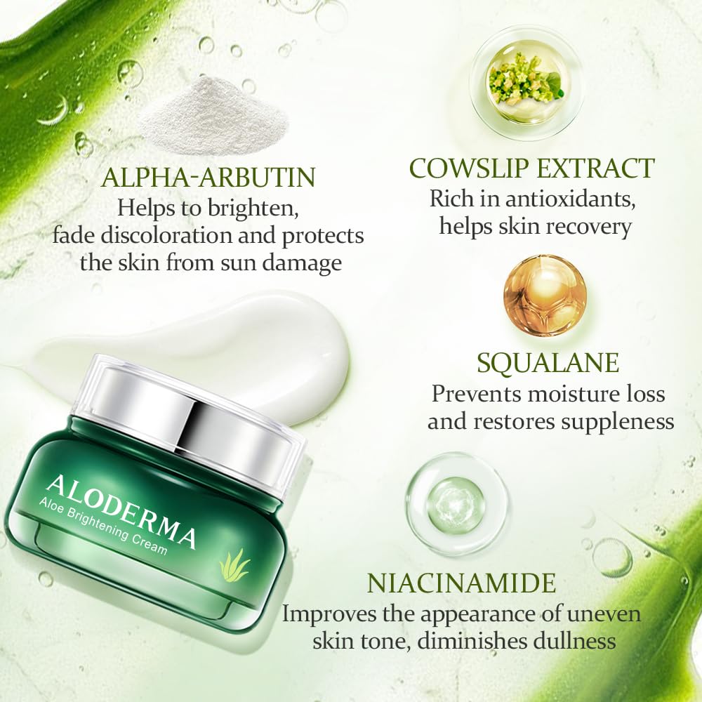 Aloderma Brightening Facial Cream – 69% Organic Aloe Vera, Squalane & Niacinamide, 1.7oz