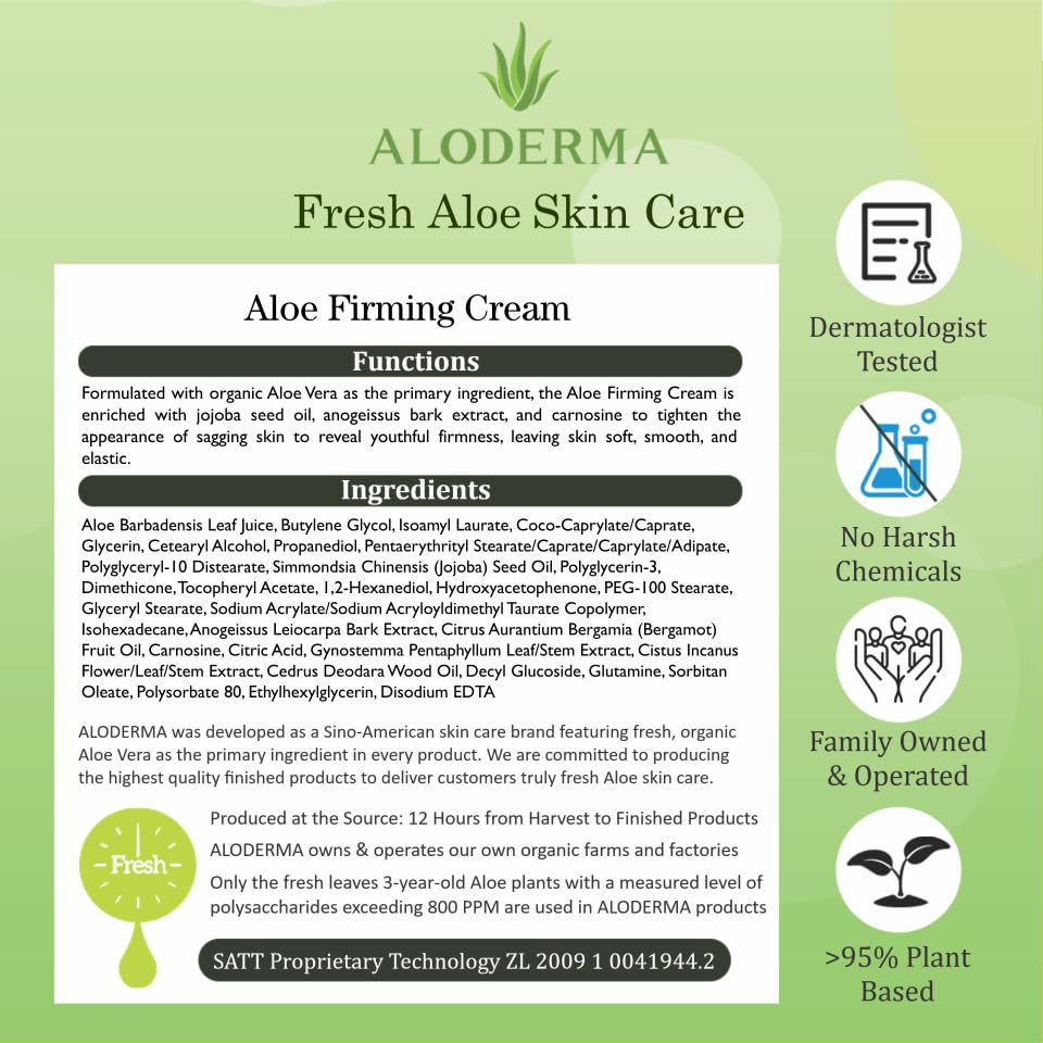 Aloderma Firming Cream for Face and Neck – 62% Organic Aloe Vera, Hyaluronic Acid & Carnosine
