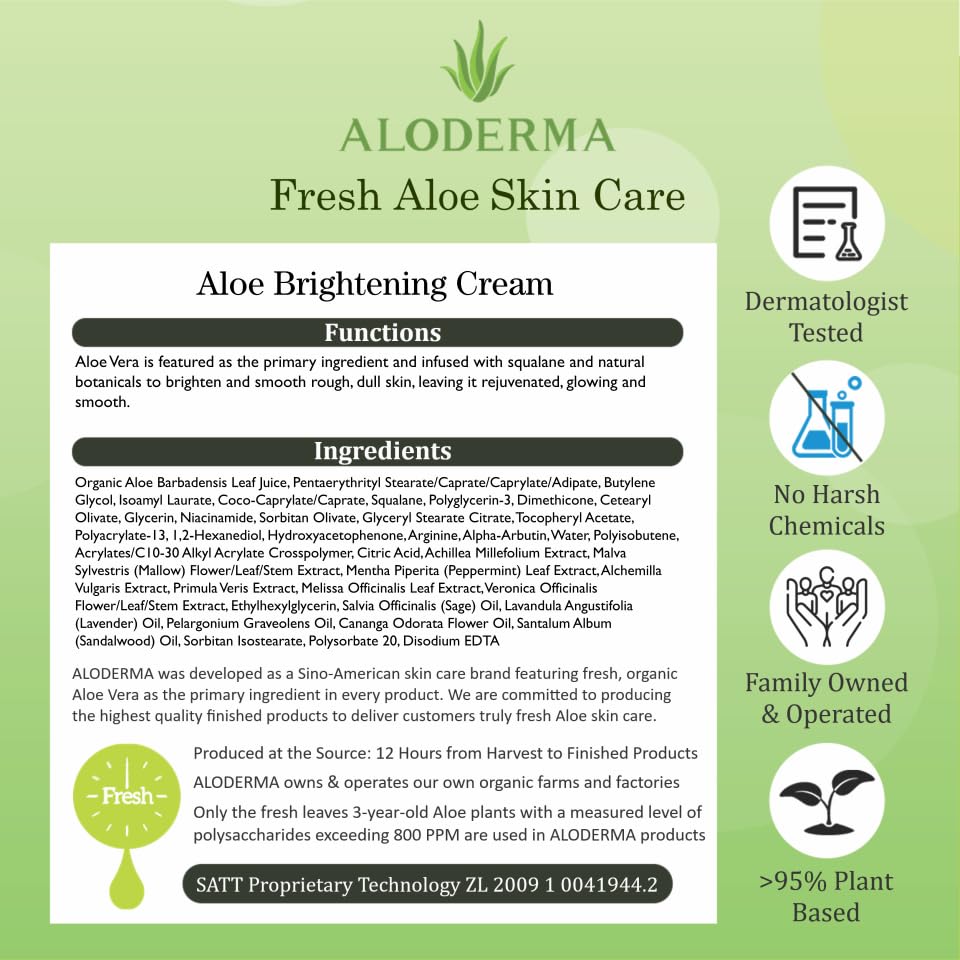 Aloderma Brightening Facial Cream – 69% Organic Aloe Vera, Squalane & Niacinamide, 1.7oz