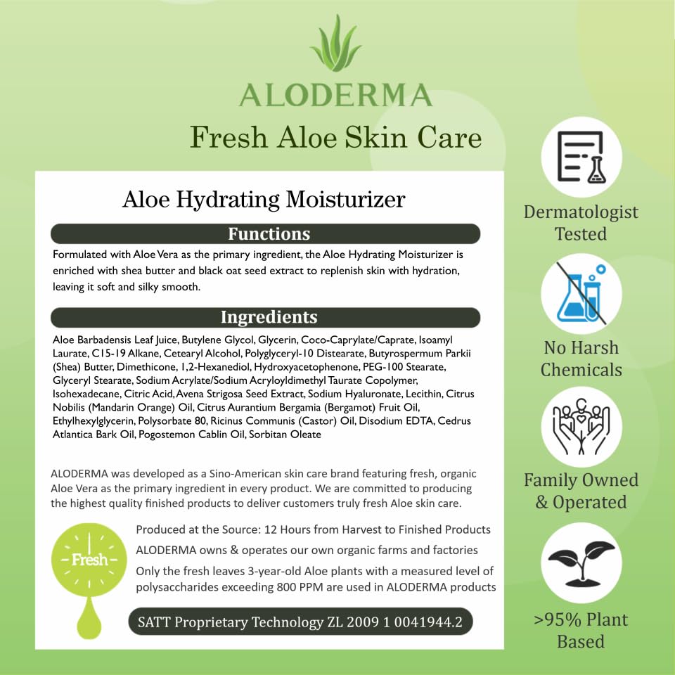 Aloderma 71% Organic Aloe Vera Hydrating Face Moisturizer — Lightweight, Oil-Free with Hyaluronic Acid | 3.5oz
